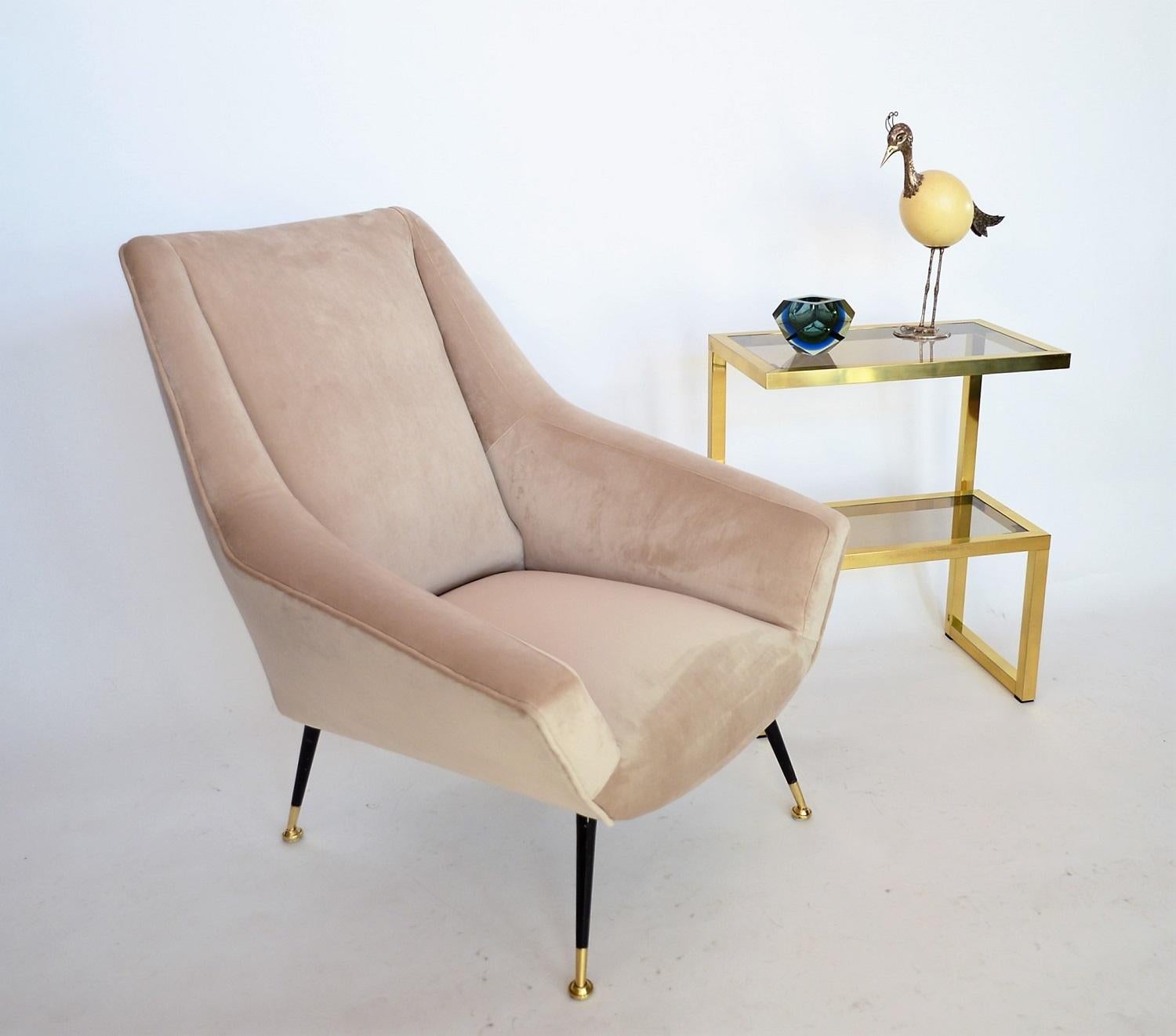 Mid-Century Modern Italian Midcentury Armchair in Taupe Velvet and Brass, 1950s