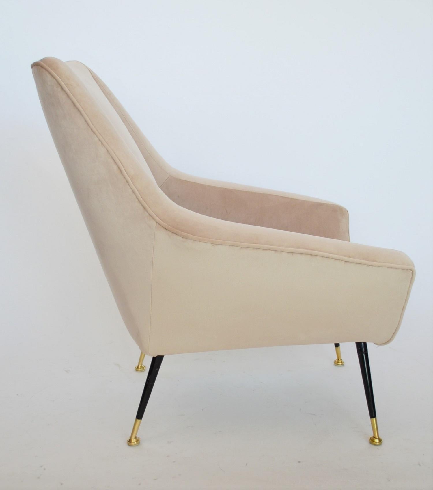 Polished Italian Midcentury Armchair in Taupe Velvet and Brass, 1950s