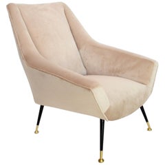 Italian Midcentury Armchair in Taupe Velvet and Brass, 1950s