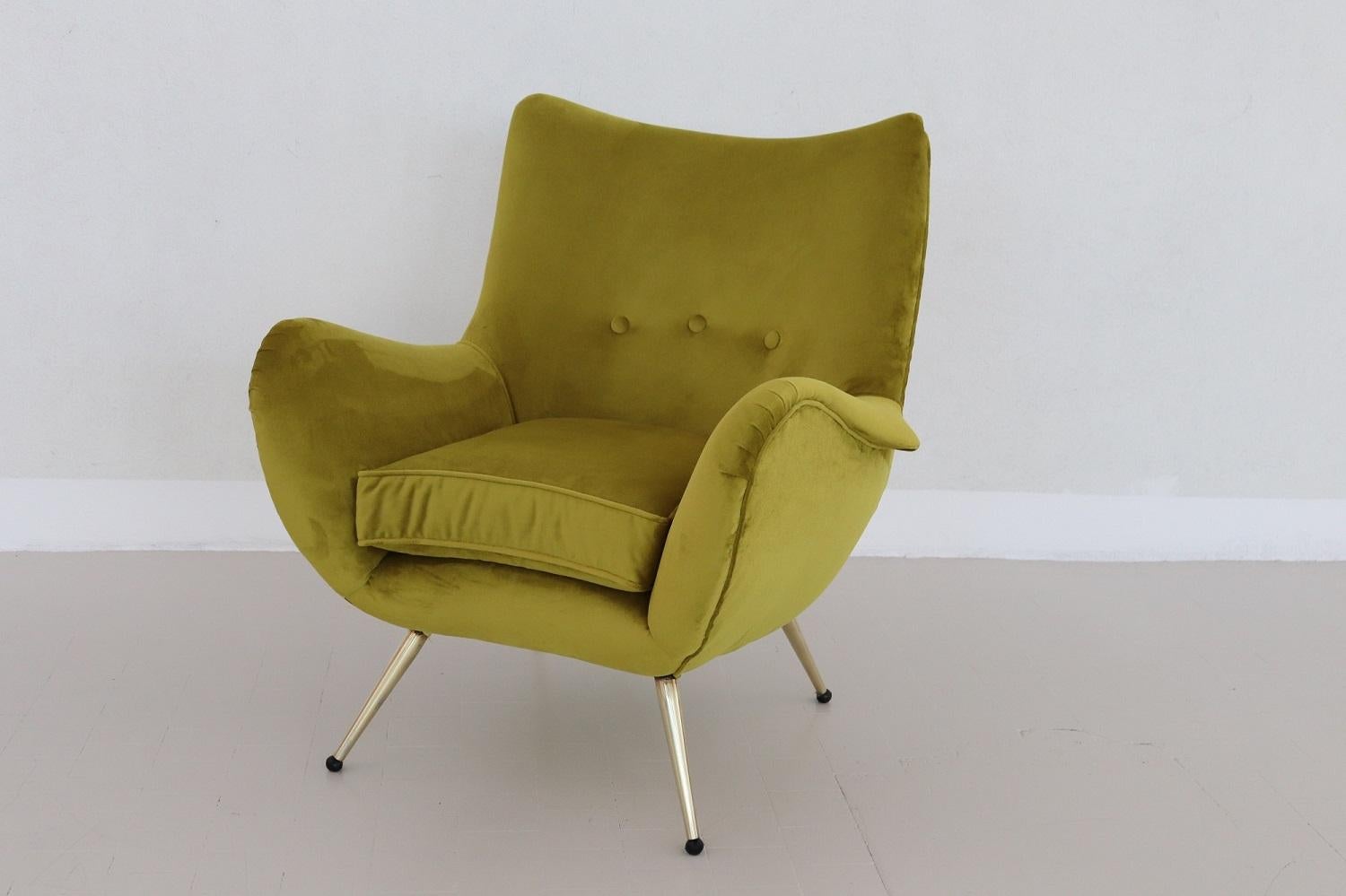 Polished Italian Midcentury Armchair in Velvet and Brass, 1950s