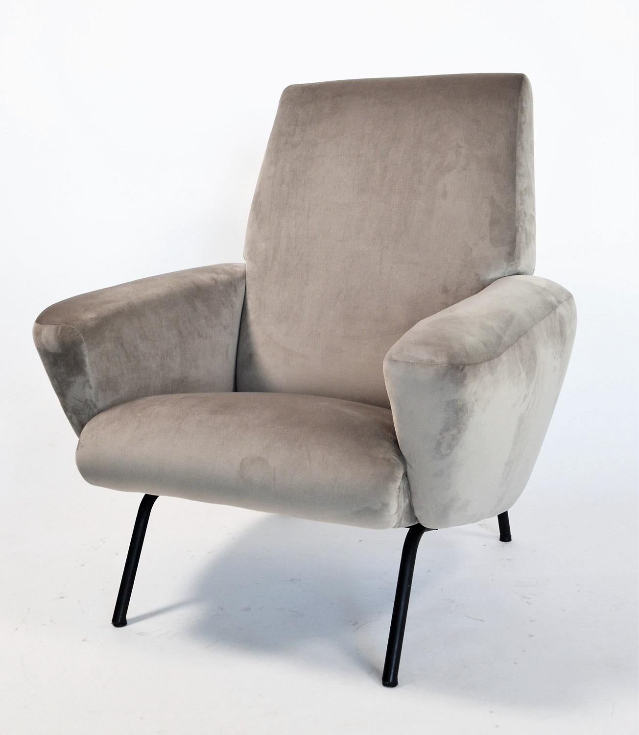 Mid-Century Modern Italian Midcentury Armchair Re-upholstered in Grey Soft Velvet, 1950s