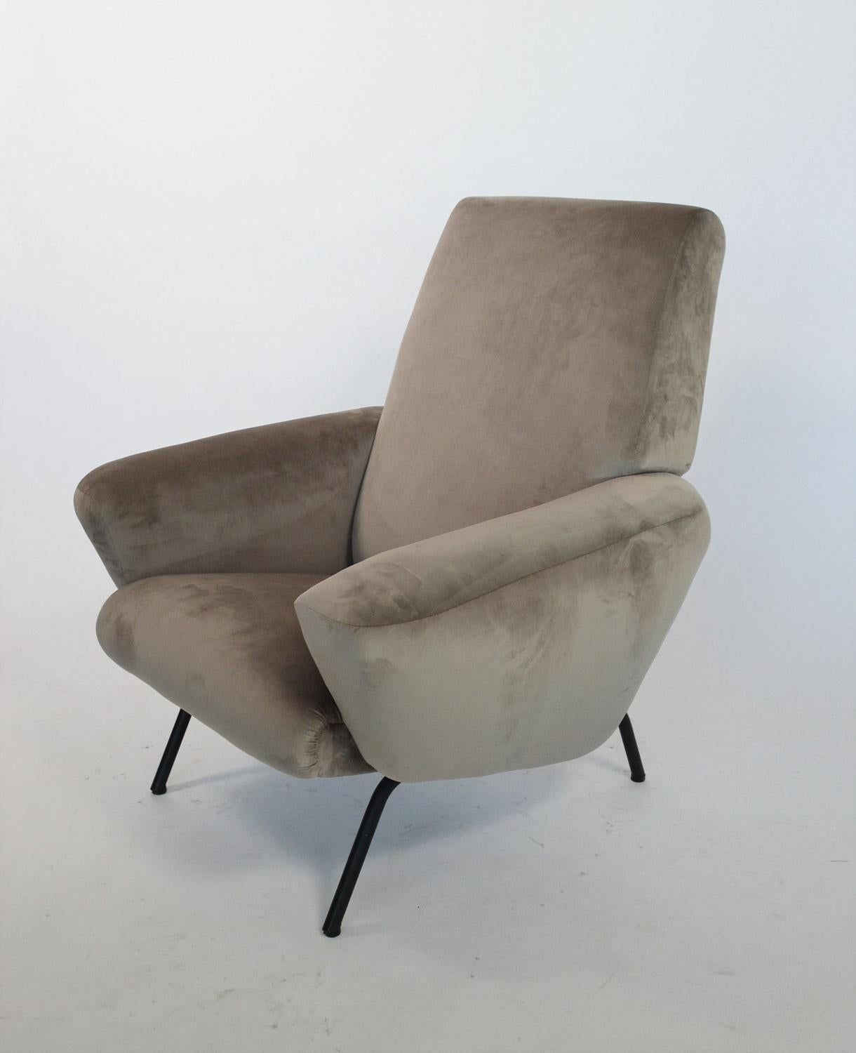 Mid-20th Century Italian Midcentury Armchair Re-upholstered in Grey Soft Velvet, 1950s