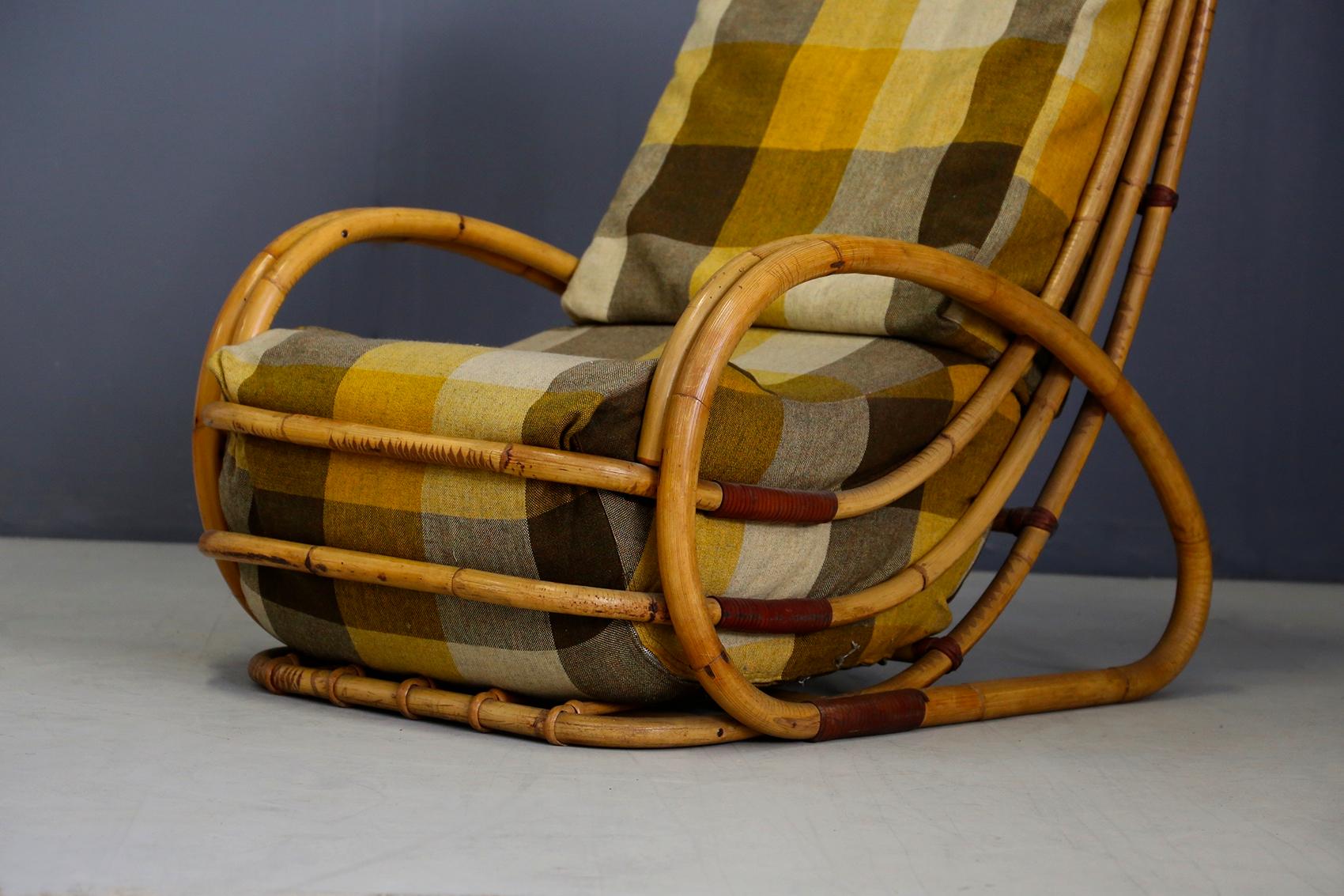 Italian Midcentury Armchairs in Bamboo and Fabric Plaid, 1950s 1