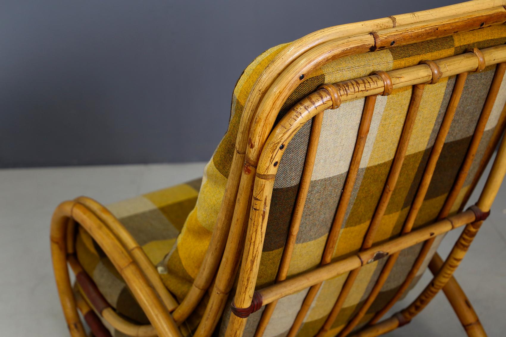 Italian Midcentury Armchairs in Bamboo and Fabric Plaid, 1950s 4