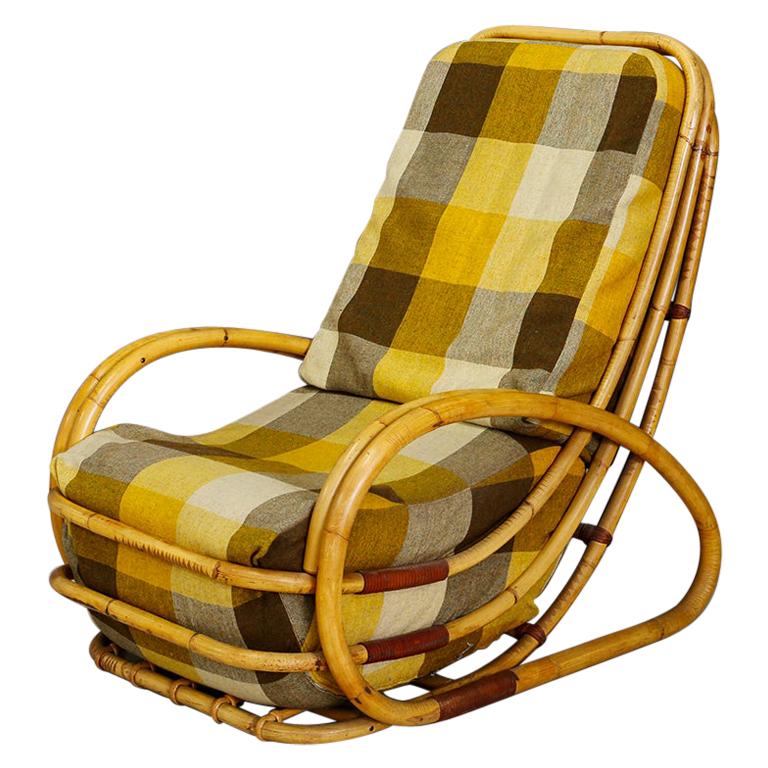 Italian Midcentury Armchairs in Bamboo and Fabric Plaid, 1950s