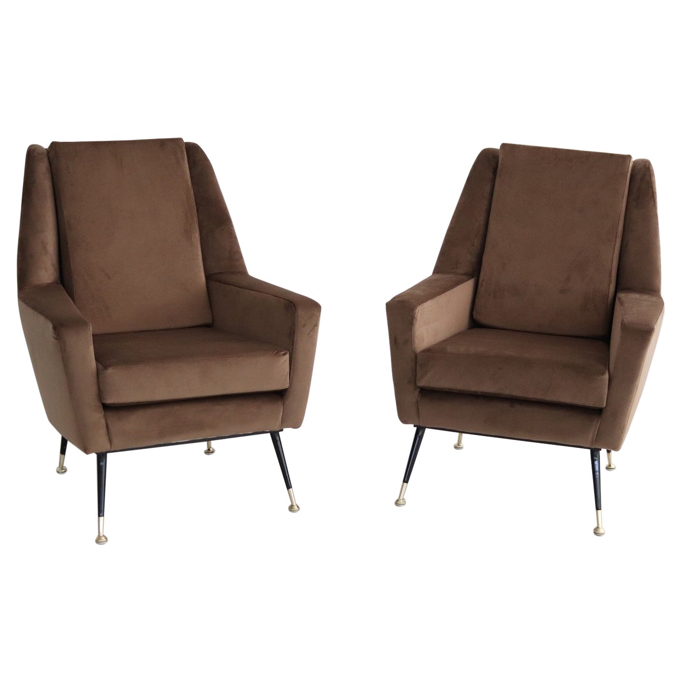 Italian Midcentury Armchairs in Chocolate Brown Velvet with Brass Feet, 1950s