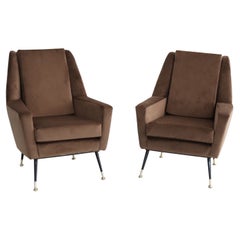 Vintage Italian Midcentury Armchairs in Chocolate Brown Velvet with Brass Feet, 1950s
