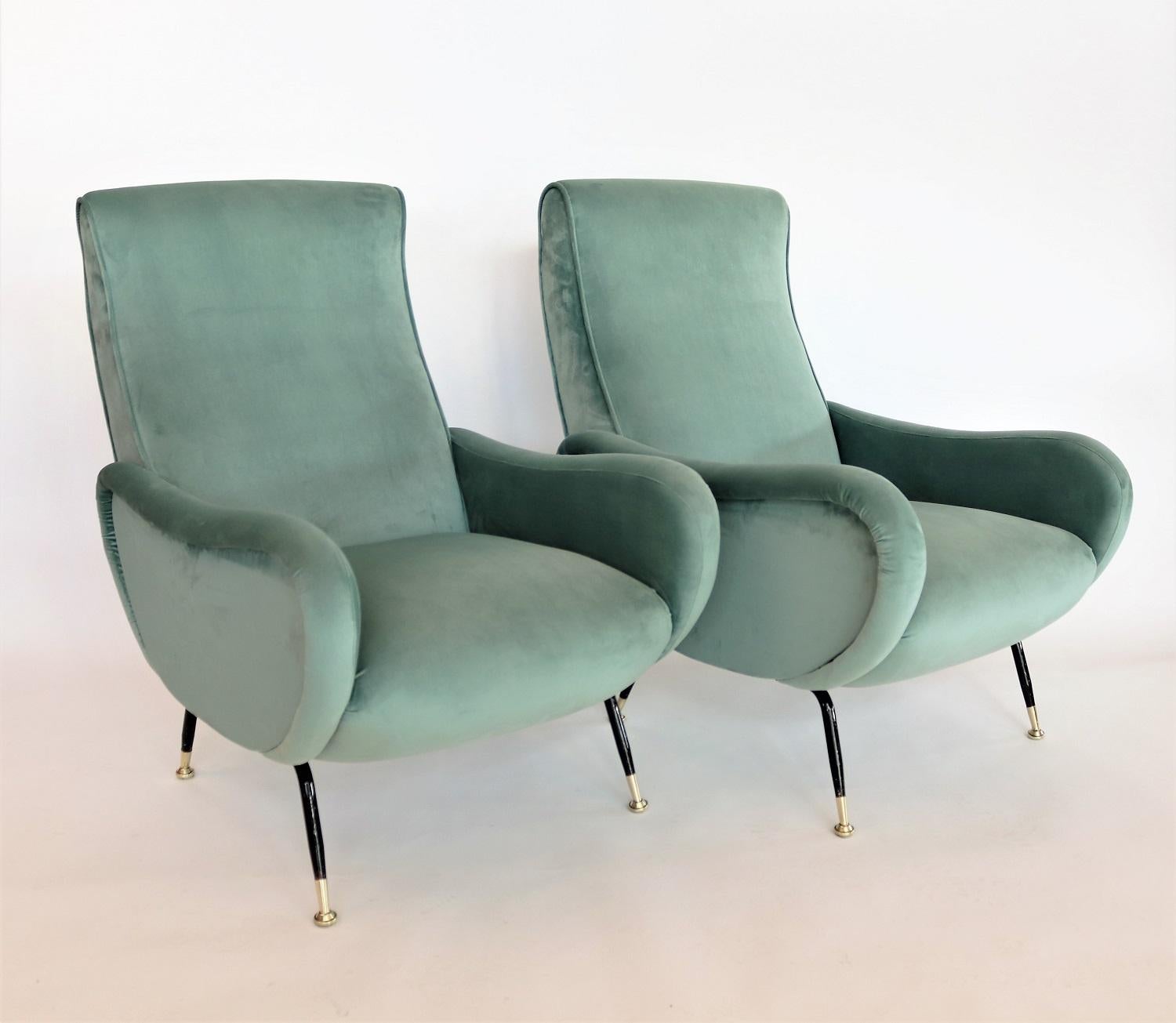 Mid-Century Modern Italian Midcentury Armchairs in Mint Green Velvet and Brass, 1950s