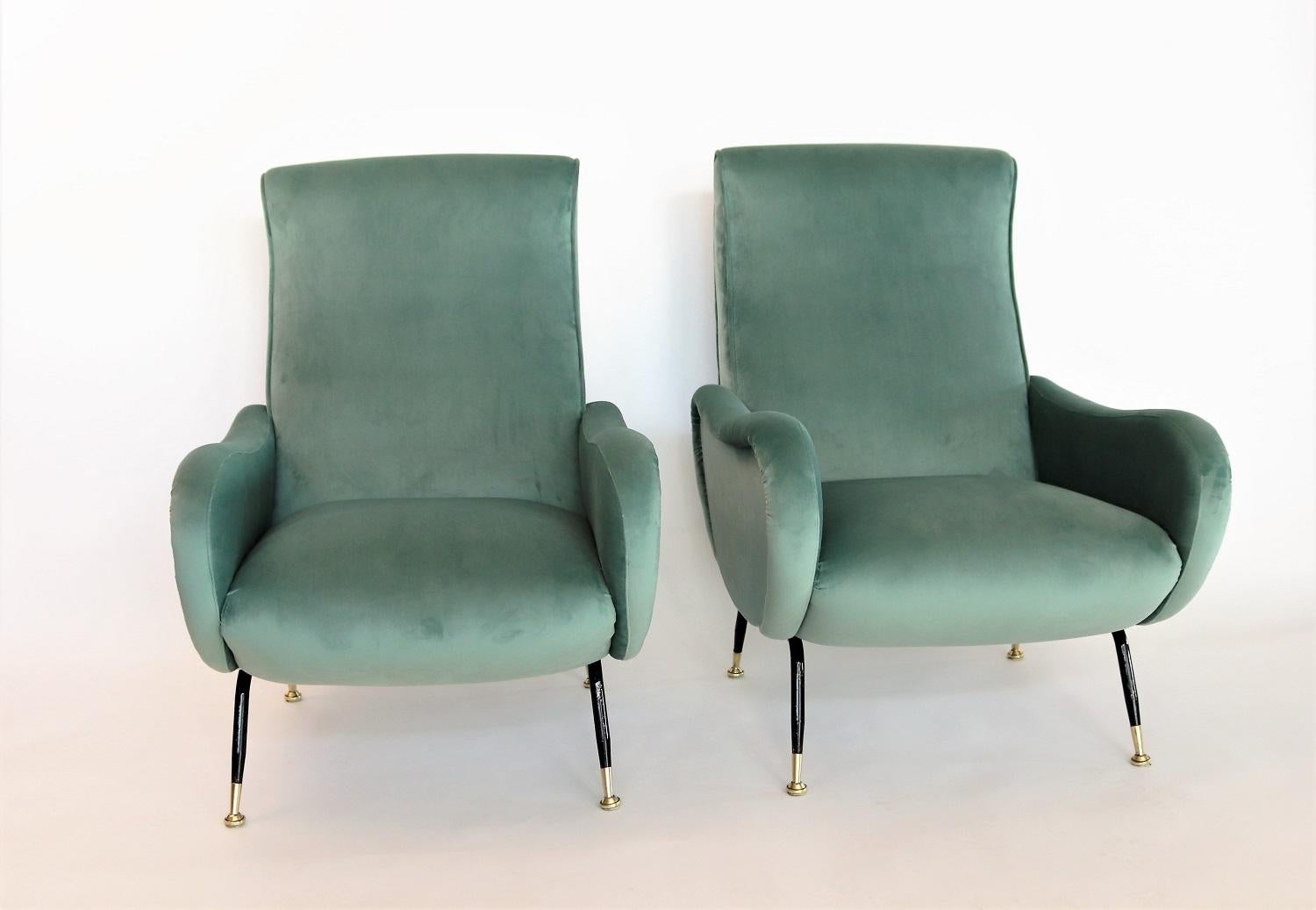 Mid-20th Century Italian Midcentury Armchairs in Mint Green Velvet and Brass, 1950s