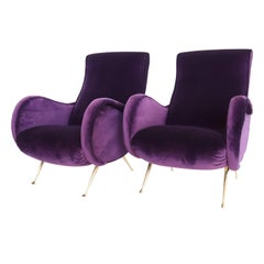 Italian Midcentury Armchairs in Purple Soft Velvet and Brass, 1950s