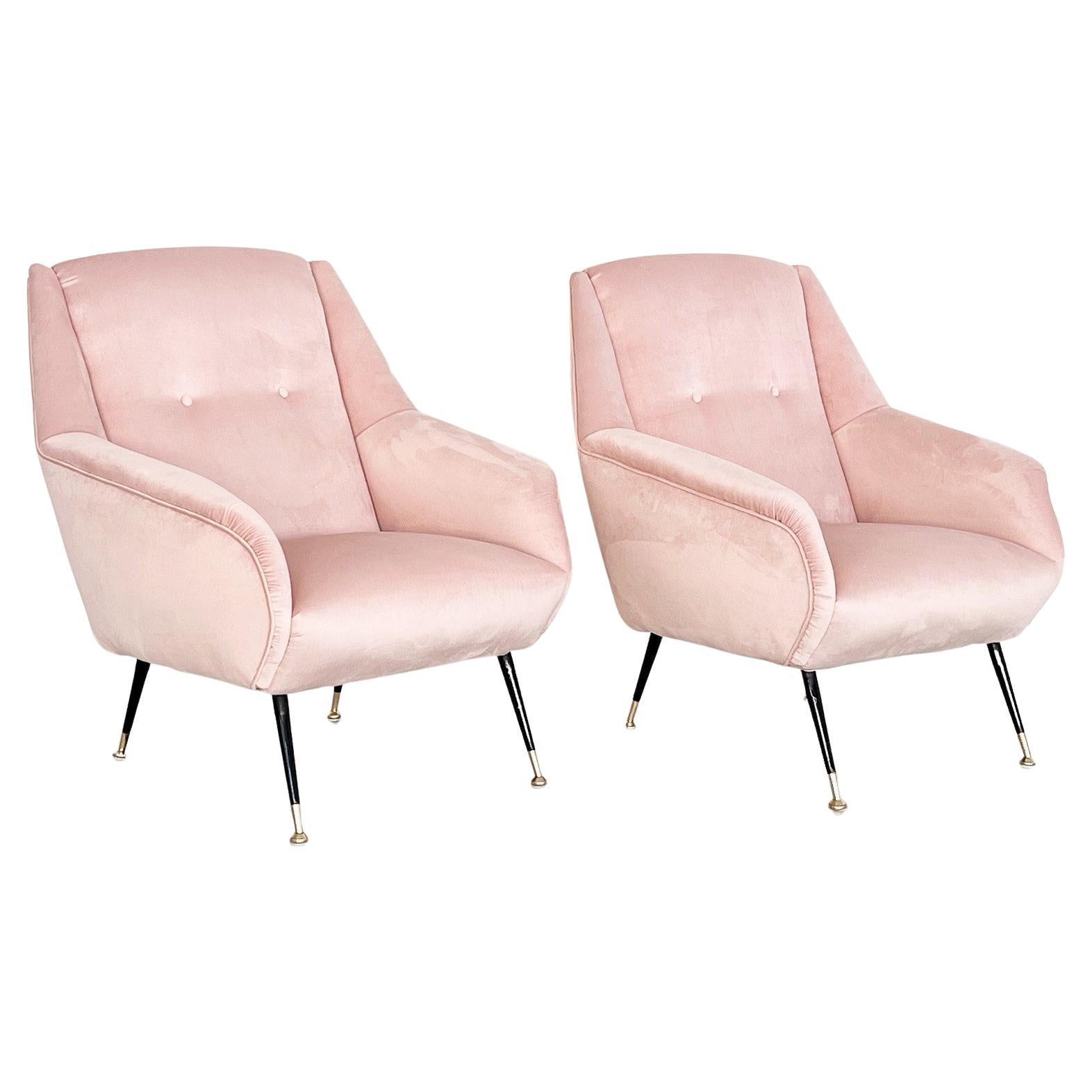 Italian Midcentury Armchairs in Soft Pink Velvet and Brass Tips, 1950s