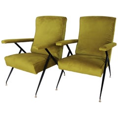 Vintage Italian Midcentury Armchairs in Velvet and Stiletto Brass Feet, 1950s