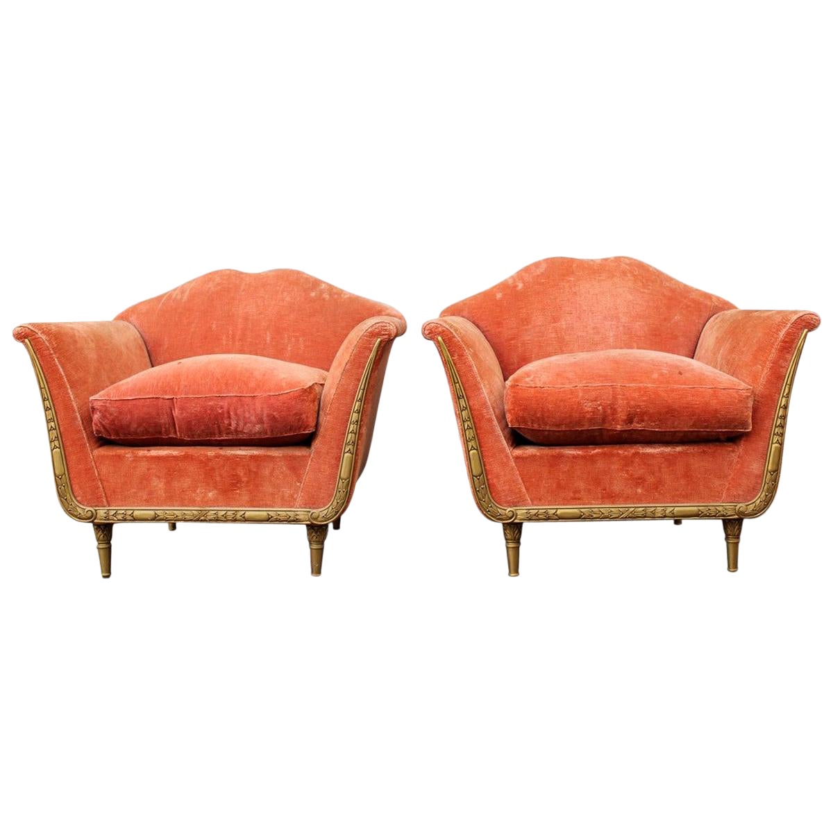 Fauteuils italiens du milieu du siècle dernier en velours rose, bois et plaqué or style Ulrich Guglielmo