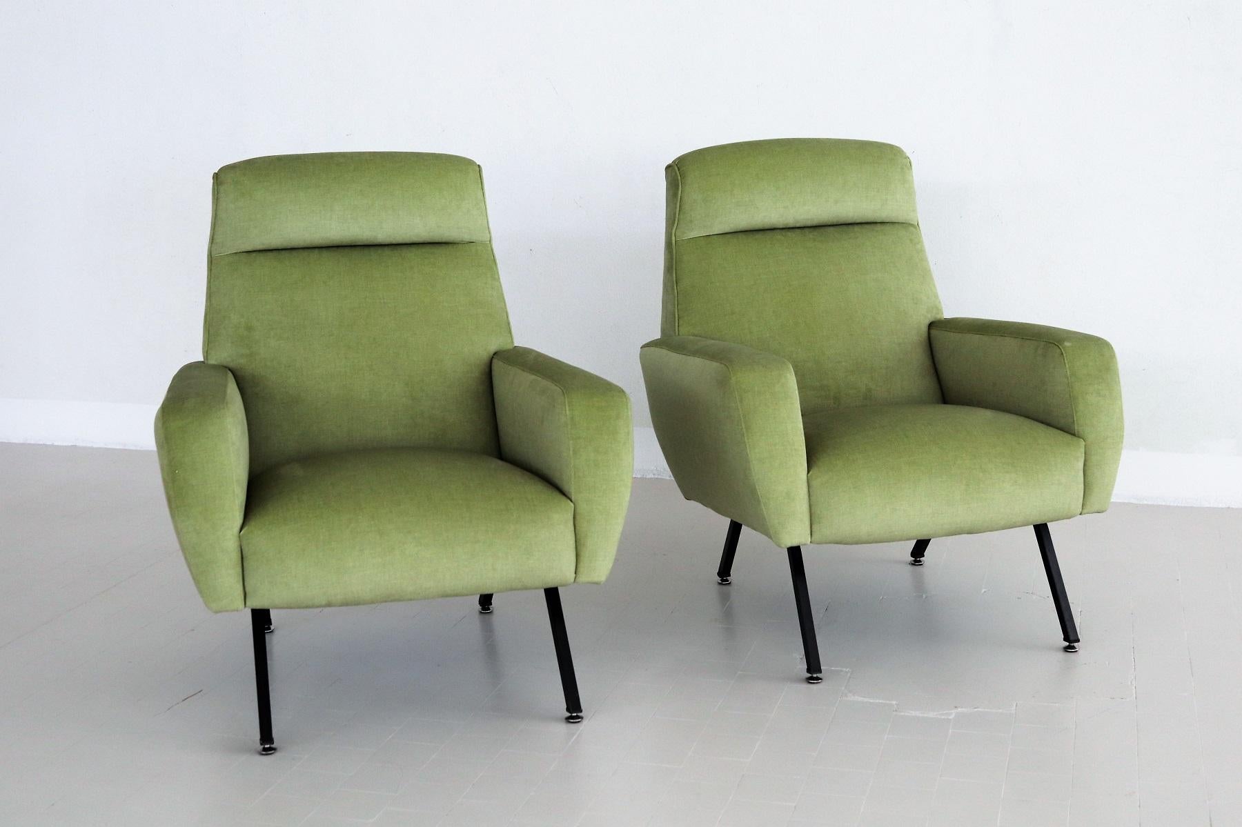 Painted Italian Midcentury Armchairs Re-Upholstered in Green Velvet, 1960s For Sale