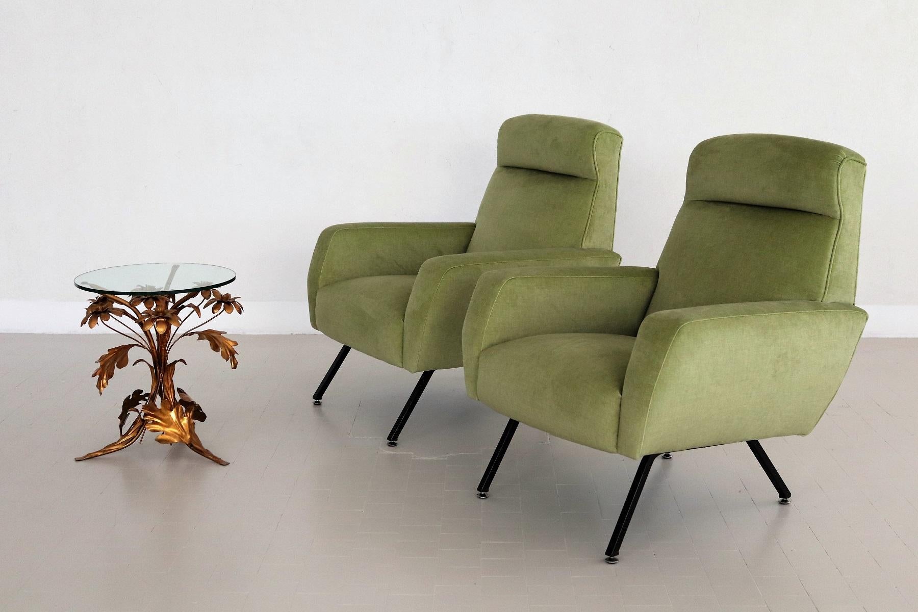 Italian Midcentury Armchairs Re-Upholstered in Green Velvet, 1960s For Sale 2