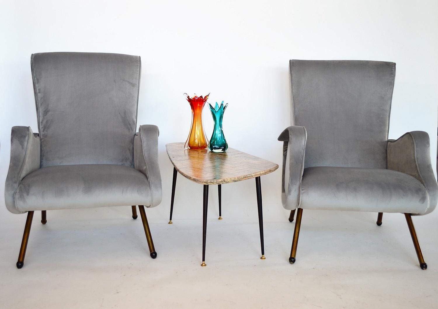 Italian Midcentury Armchairs Restored and Reupholstered in Grey Velvet, 1950s 13