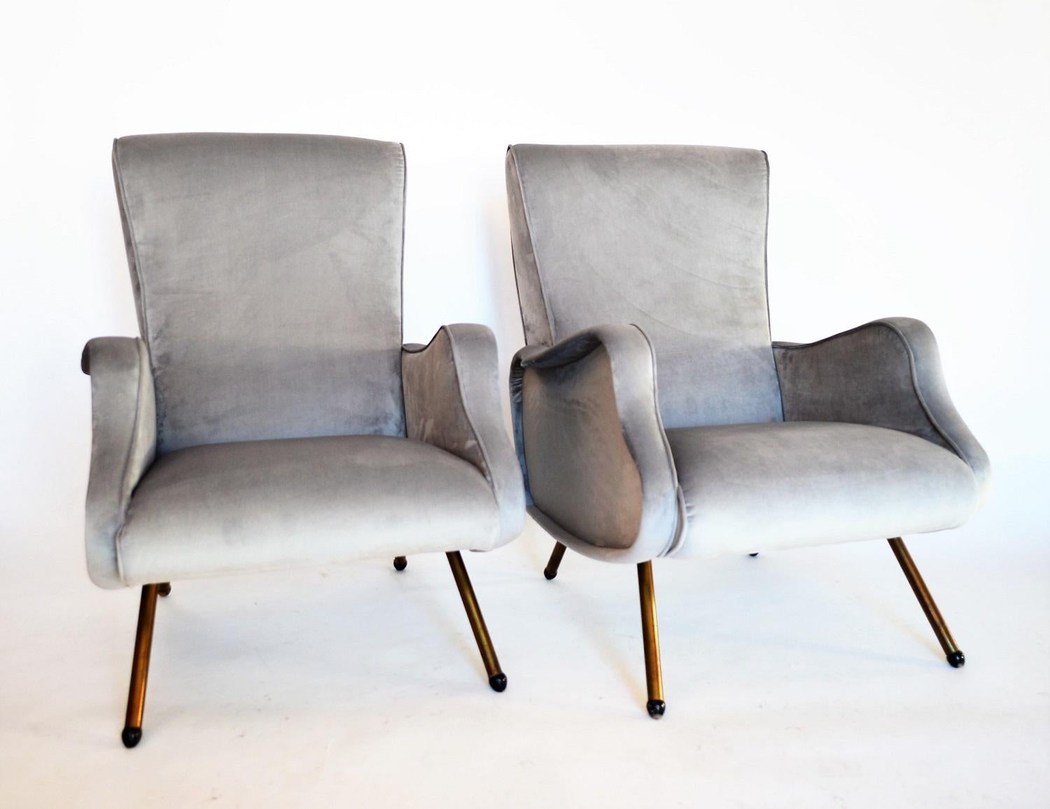 Mid-20th Century Italian Midcentury Armchairs Restored and Reupholstered in Grey Velvet, 1950s