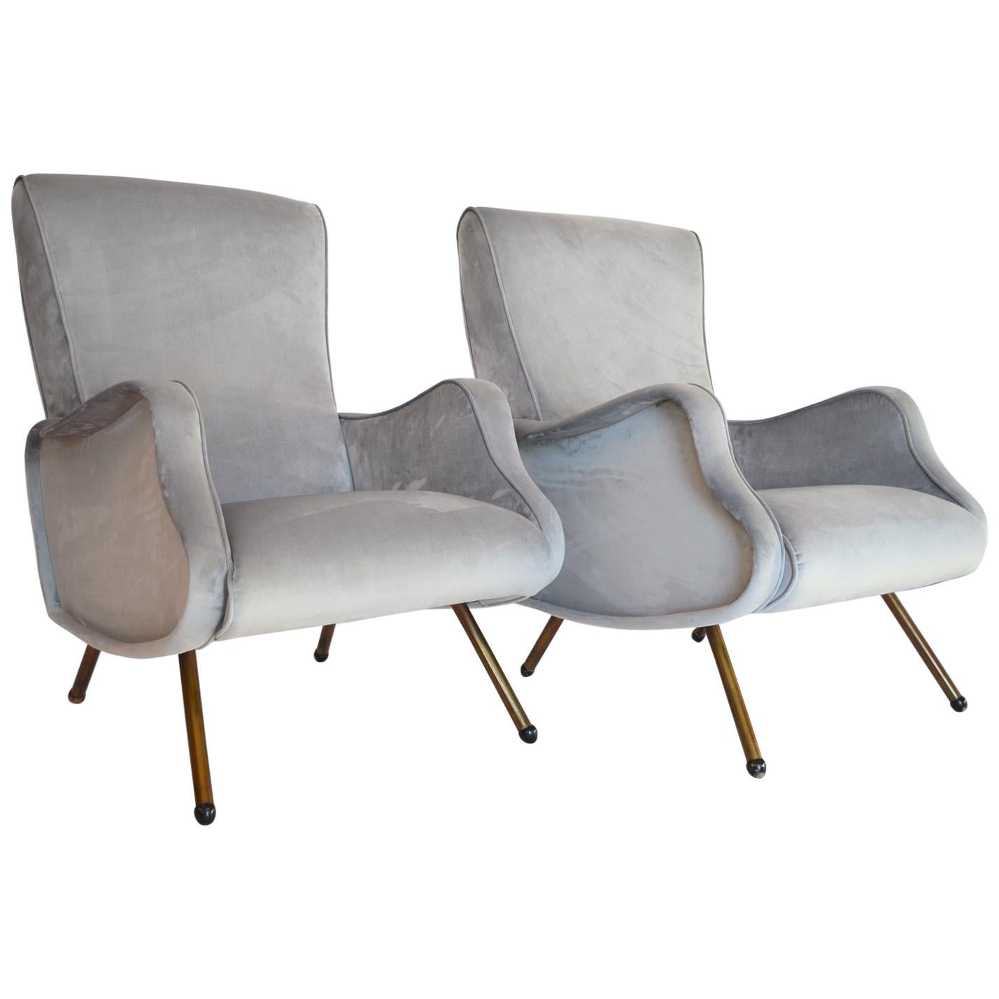 Italian Midcentury Armchairs Restored and Reupholstered in Grey Velvet, 1950s