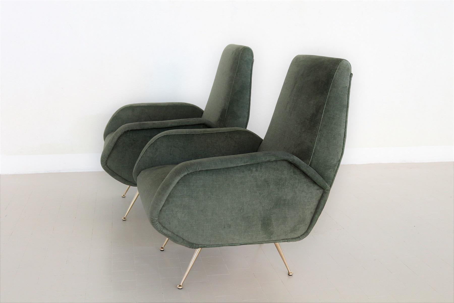 Italian Midcentury Armchairs Restored in Green Velvet with Brass Feet, 1950s 5