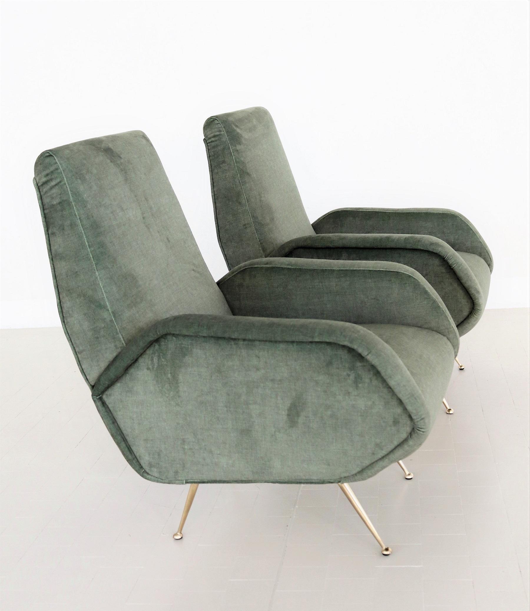 Italian Midcentury Armchairs Restored in Green Velvet with Brass Feet, 1950s 9