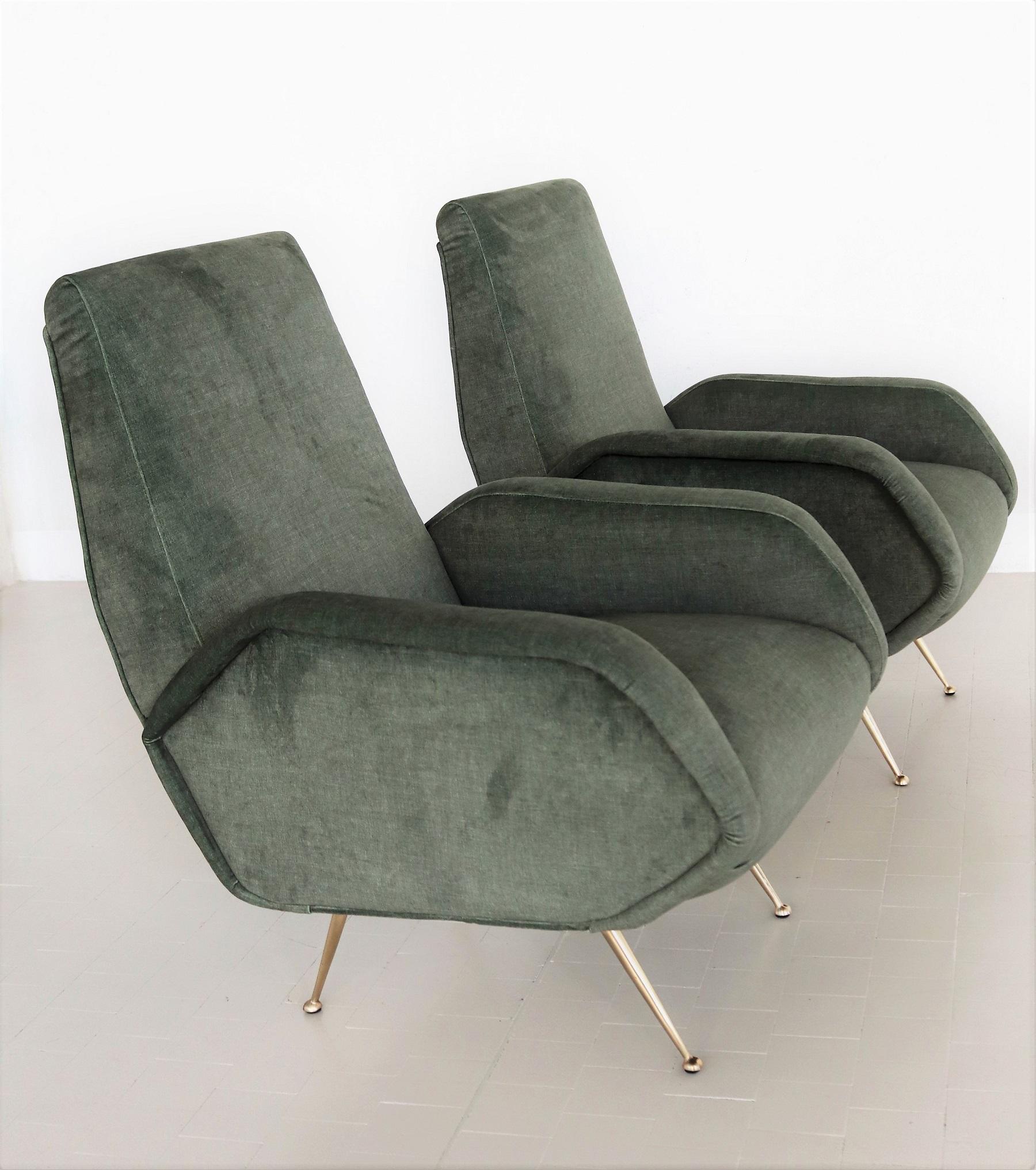 Italian Midcentury Armchairs Restored in Green Velvet with Brass Feet, 1950s 11