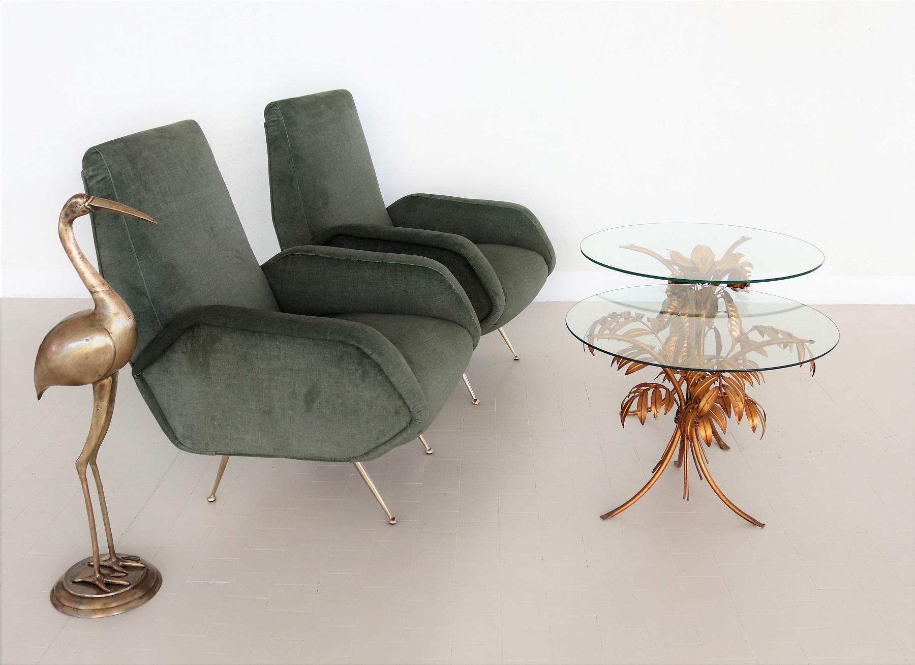 Mid-Century Modern Italian Midcentury Armchairs Restored in Green Velvet with Brass Feet, 1950s