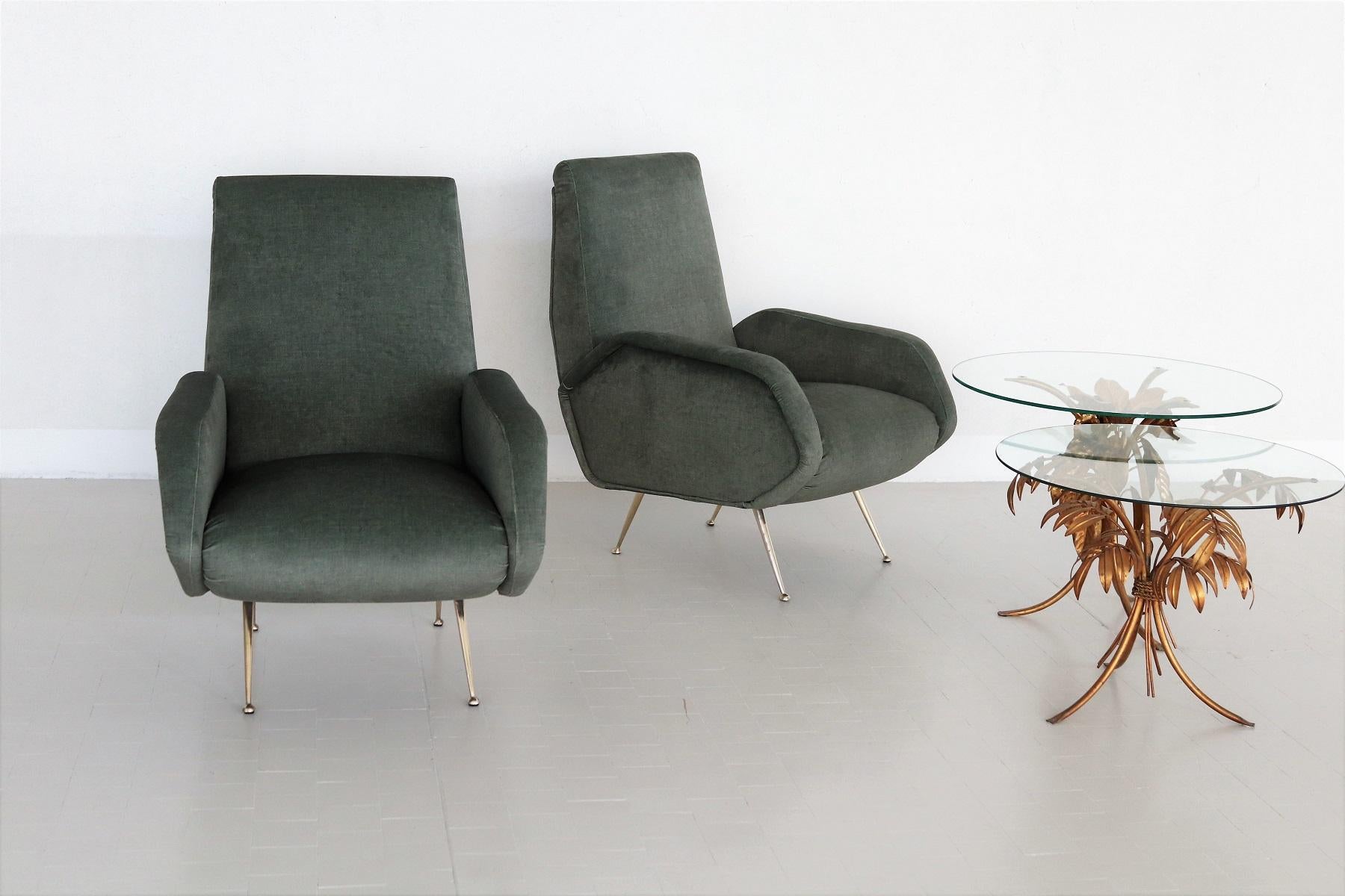 Mid-20th Century Italian Midcentury Armchairs Restored in Green Velvet with Brass Feet, 1950s