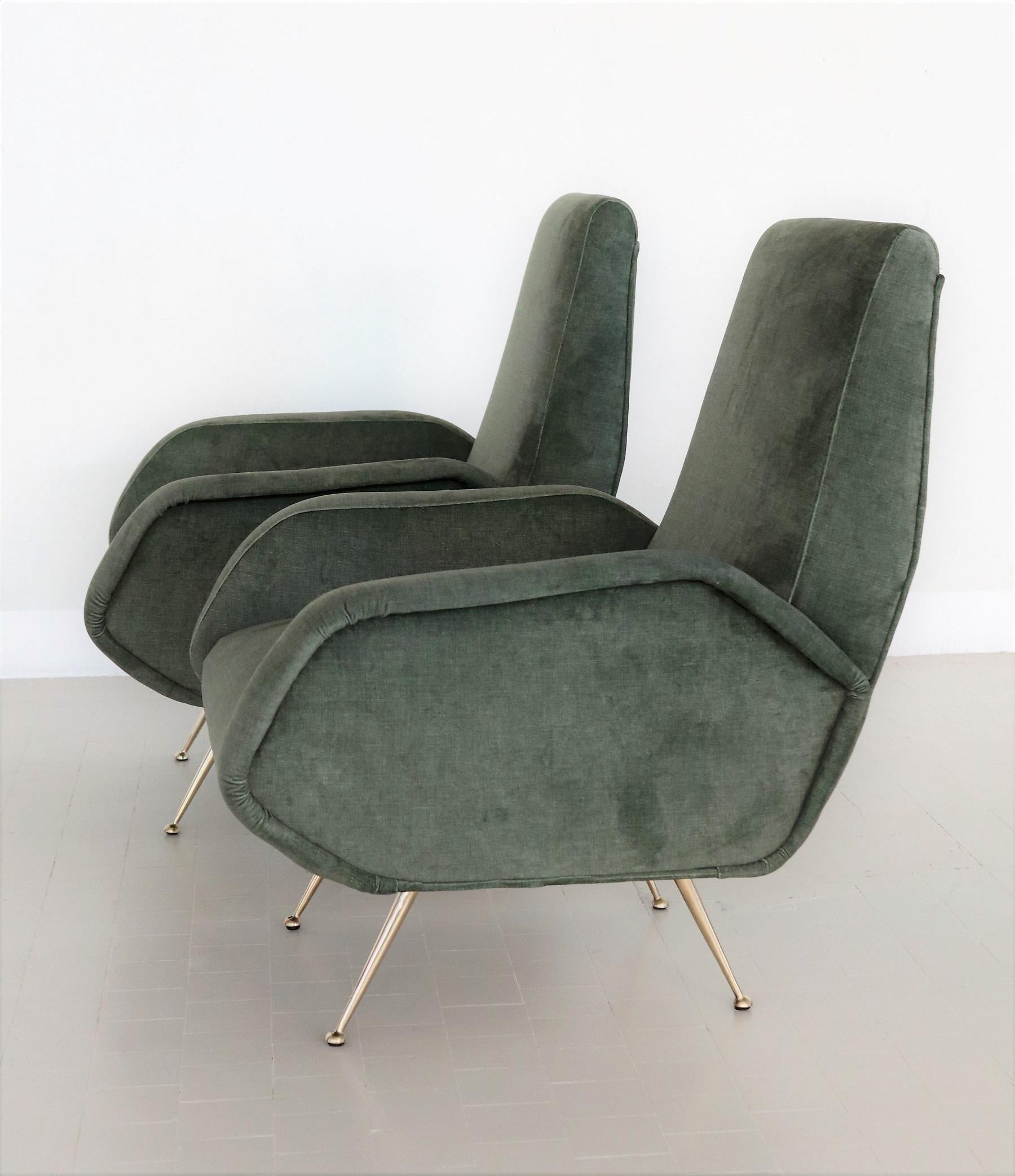 Italian Midcentury Armchairs Restored in Green Velvet with Brass Feet, 1950s 1