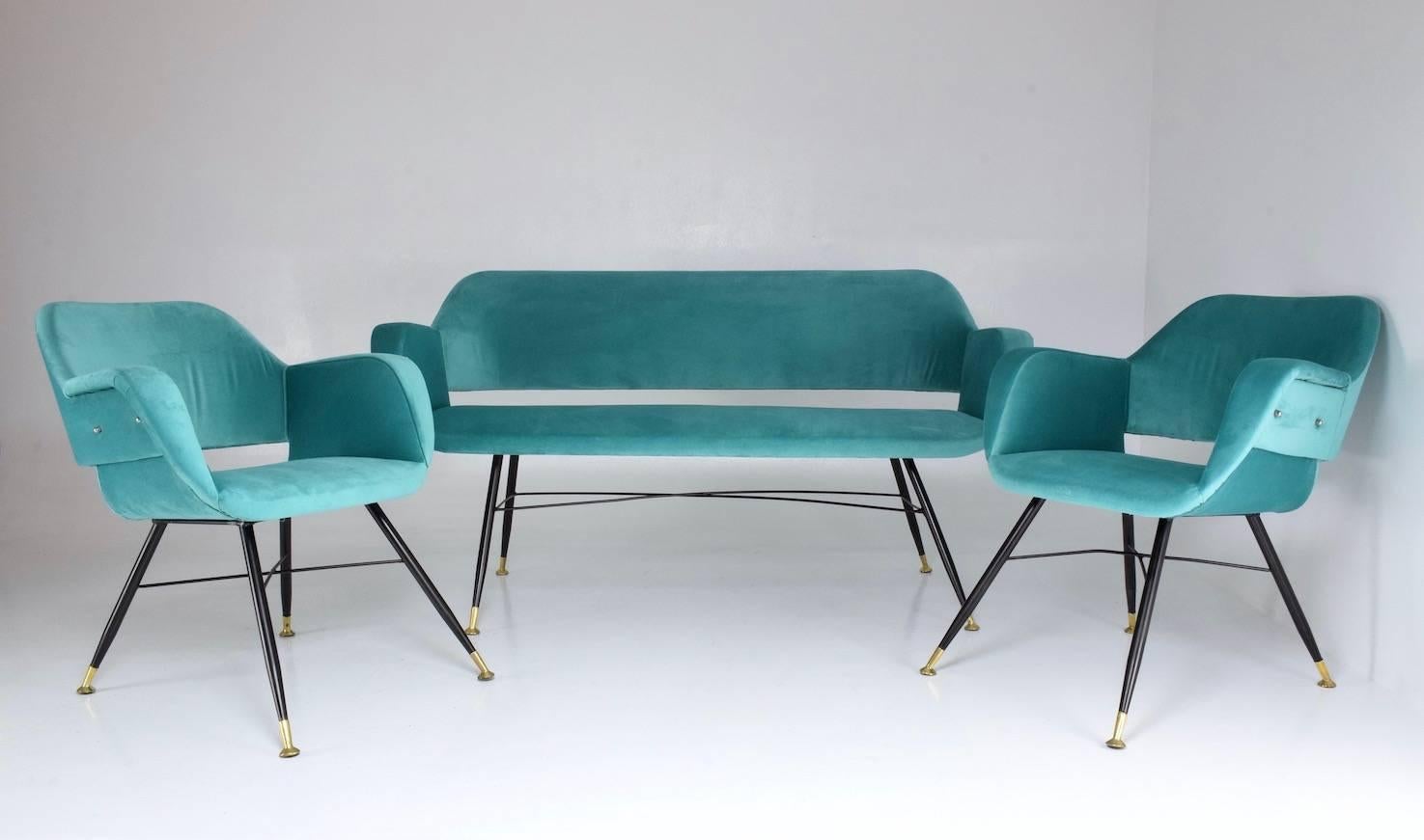 Pair of Italian Midcentury Velvet Steel Armchairs, 1950s 10