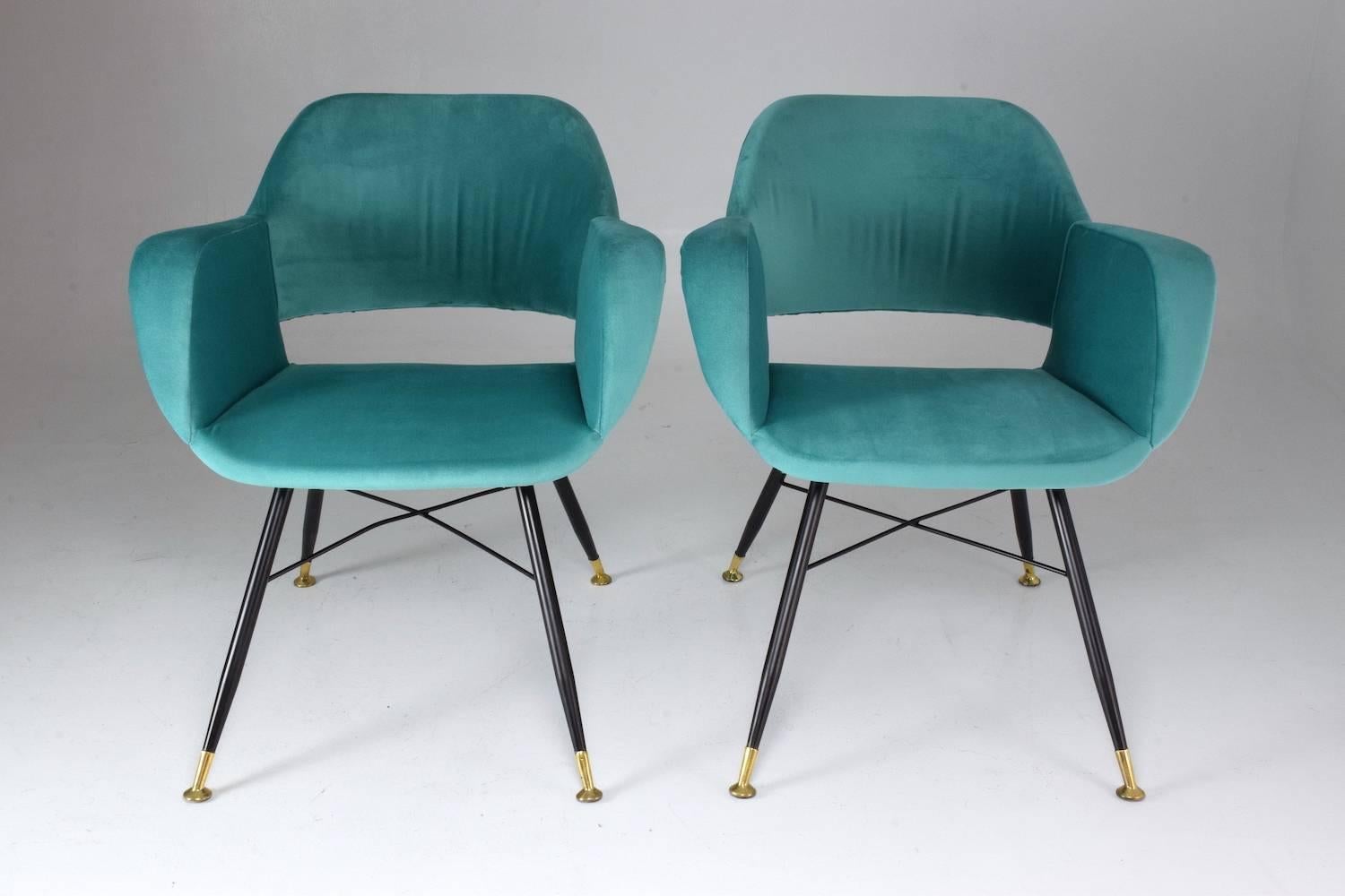 Mid-Century Modern Pair of Italian Midcentury Velvet Steel Armchairs, 1950s
