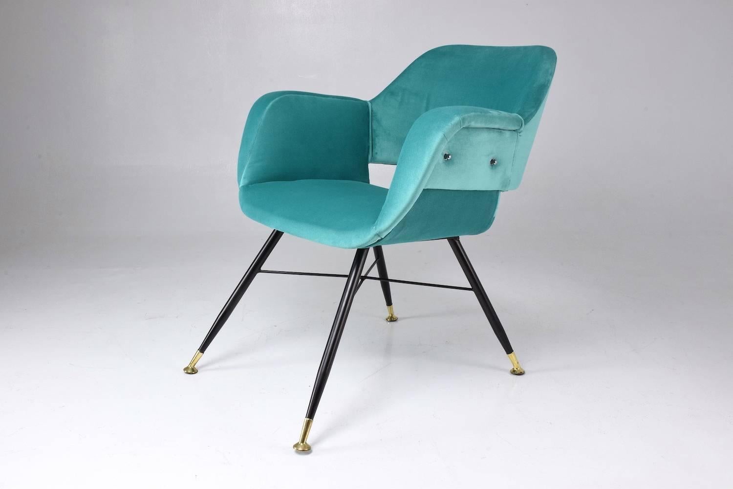 Pair of Italian Midcentury Velvet Steel Armchairs, 1950s In Good Condition In Paris, FR