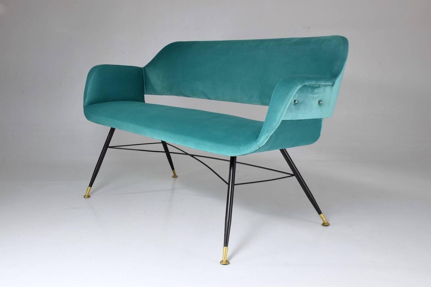 20th Century Pair of Italian Midcentury Velvet Steel Armchairs, 1950s