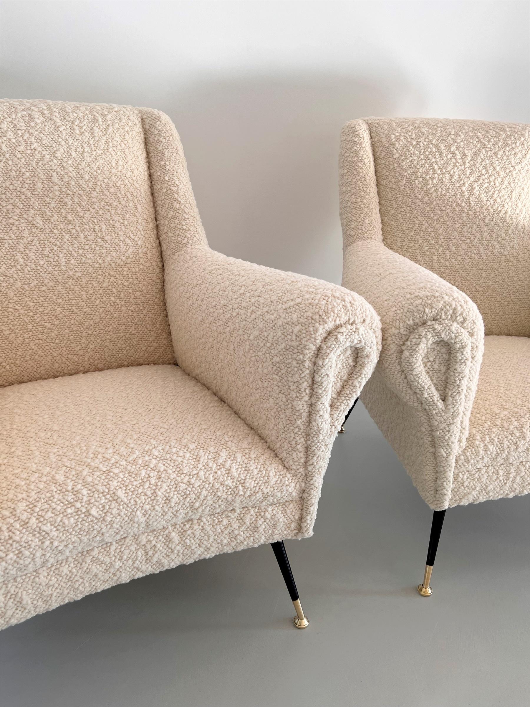 Italian Midcentury Armchairs with new Bouclé Upholstery and Brass Feet, 1970s 5