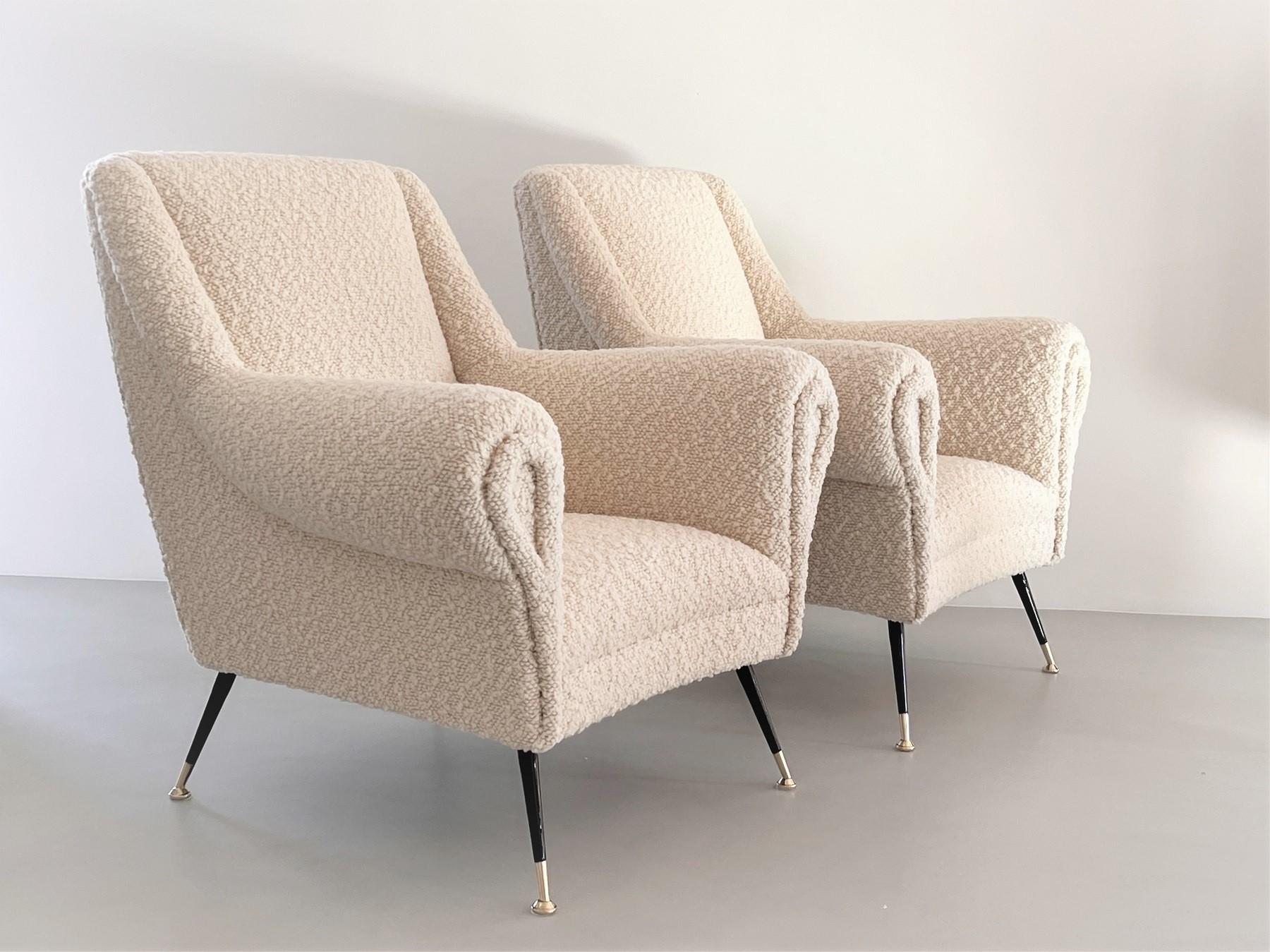 Italian Midcentury Armchairs with new Bouclé Upholstery and Brass Feet, 1970s 10