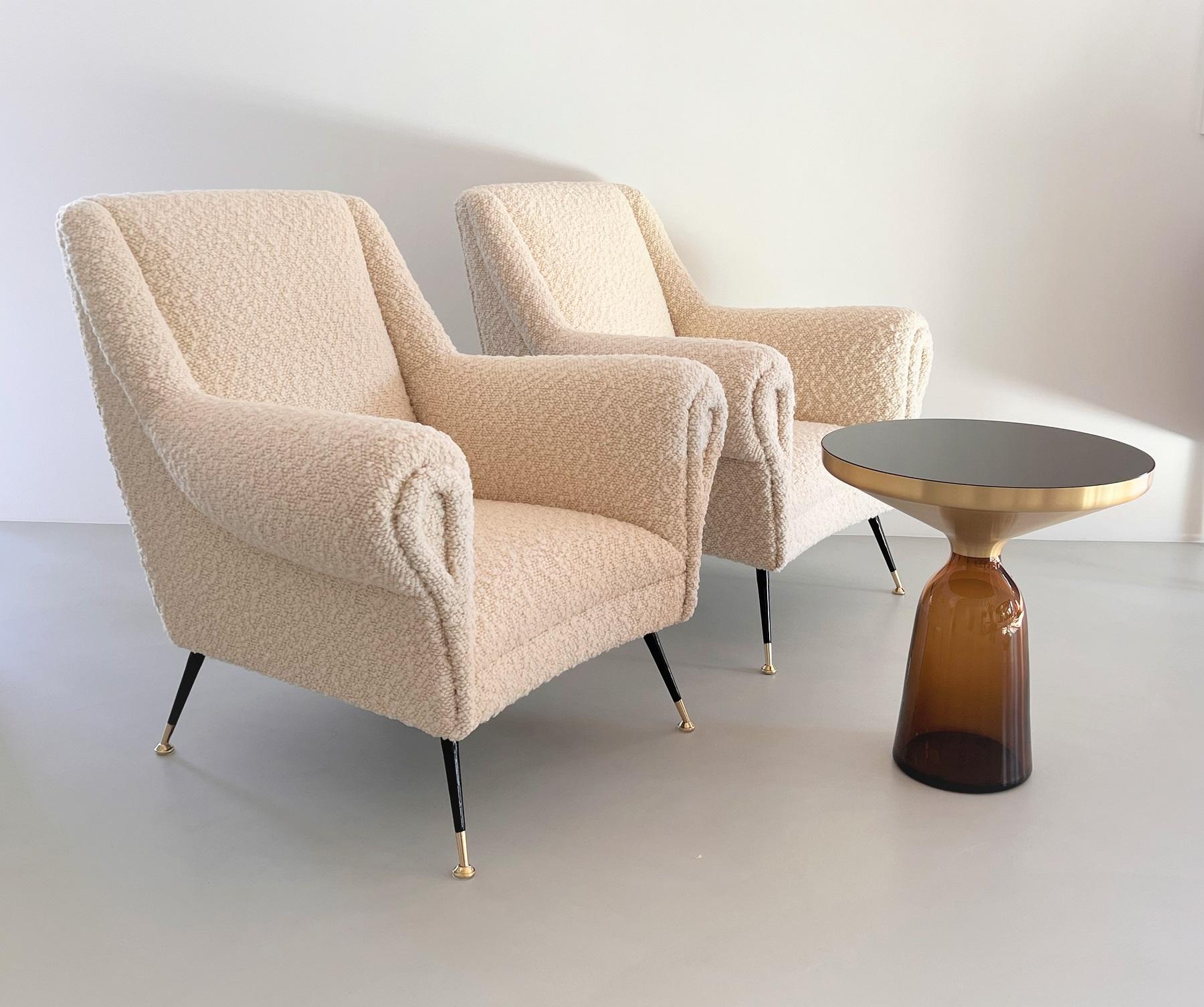 Mid-Century Modern Italian Midcentury Armchairs with new Bouclé Upholstery and Brass Feet, 1970s