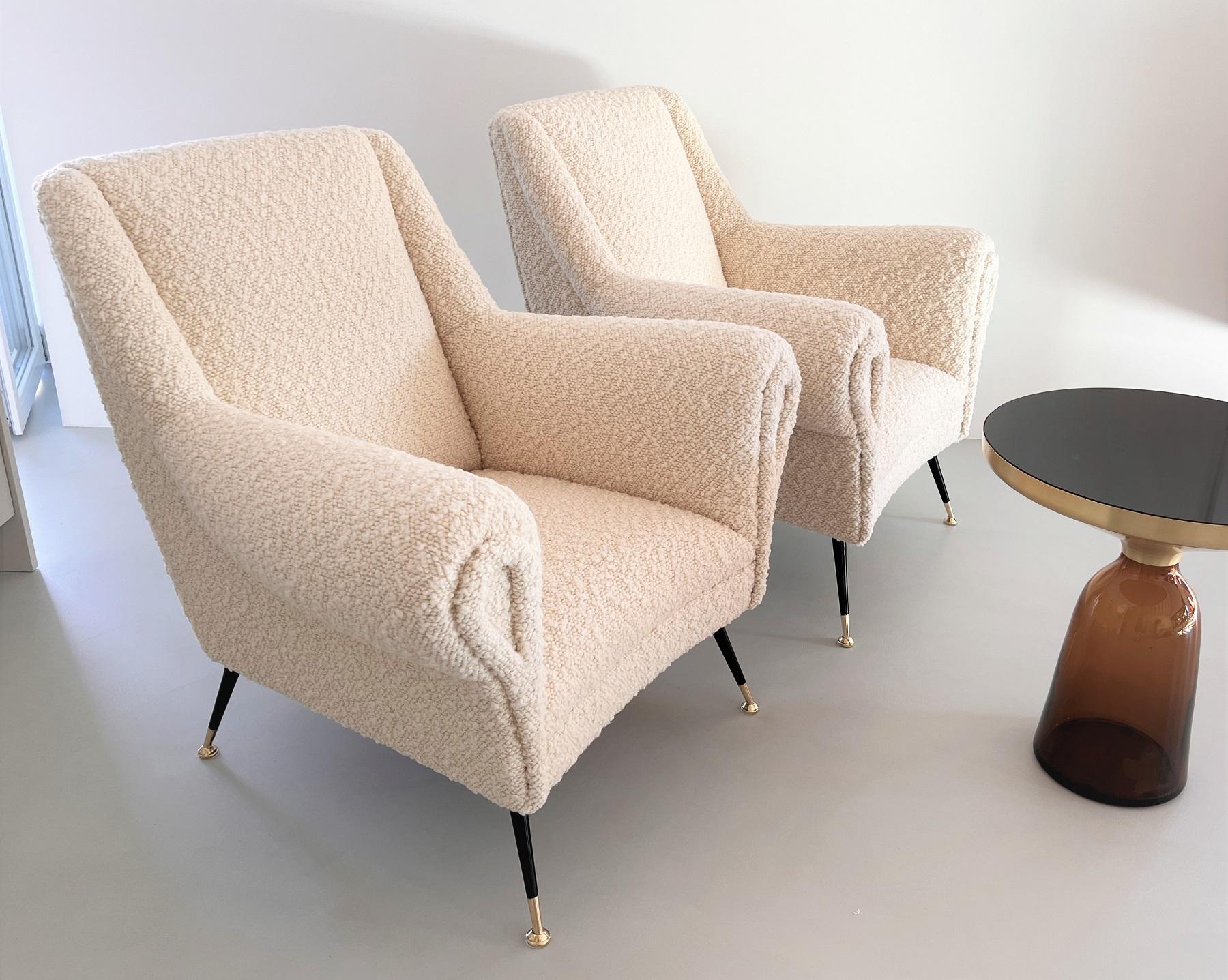 Late 20th Century Italian Midcentury Armchairs with new Bouclé Upholstery and Brass Feet, 1970s