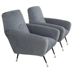 Italian Midcentury Armchairs reupholstered in Luxury Blue Grey Velvet, 1950s