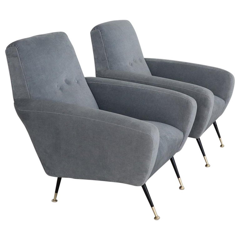 Italian Midcentury Armchairs reupholstered in Luxury Blue Grey Velvet, 1950s For Sale