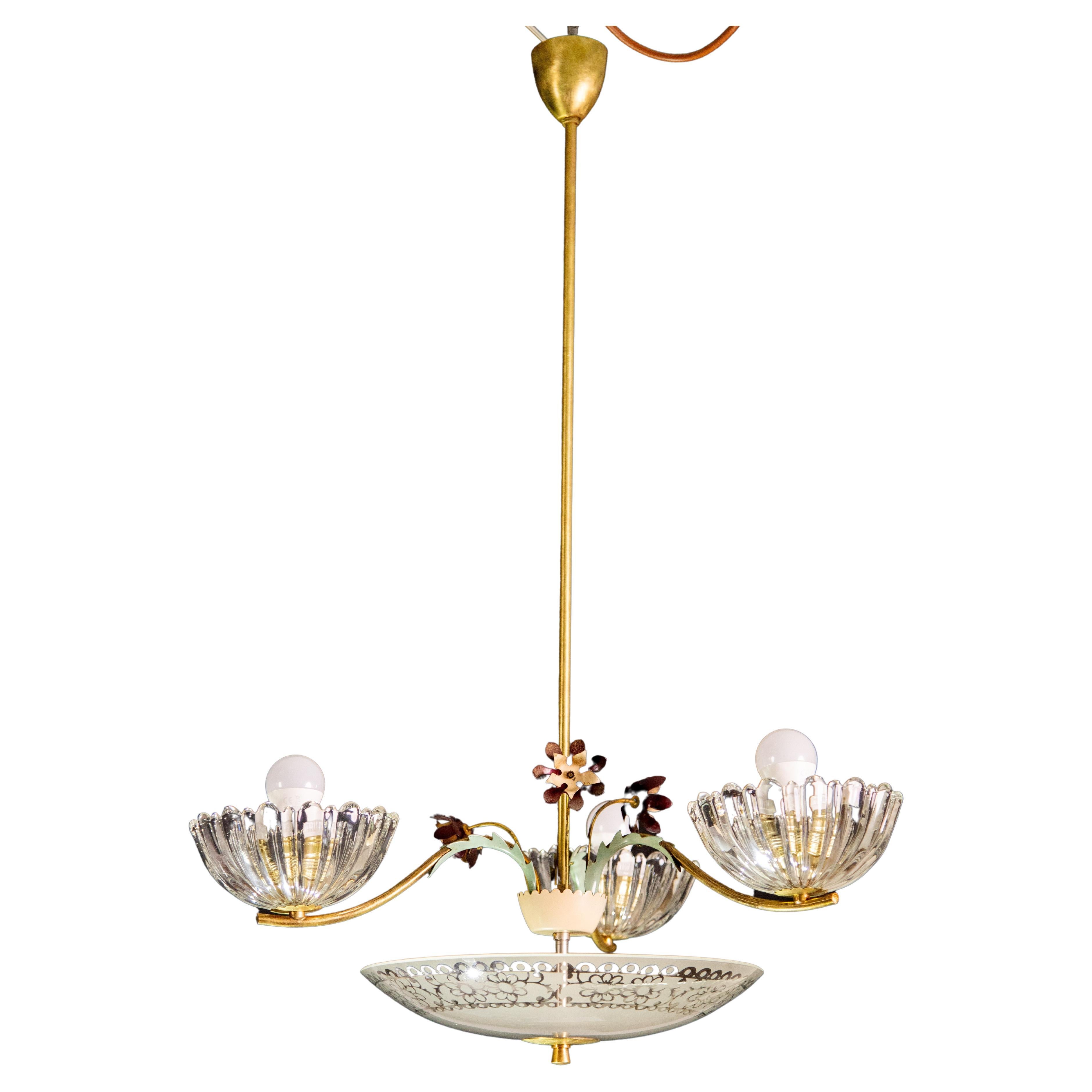Italian Midcentury Art Decò Murano Glass and Brass, 1950s For Sale