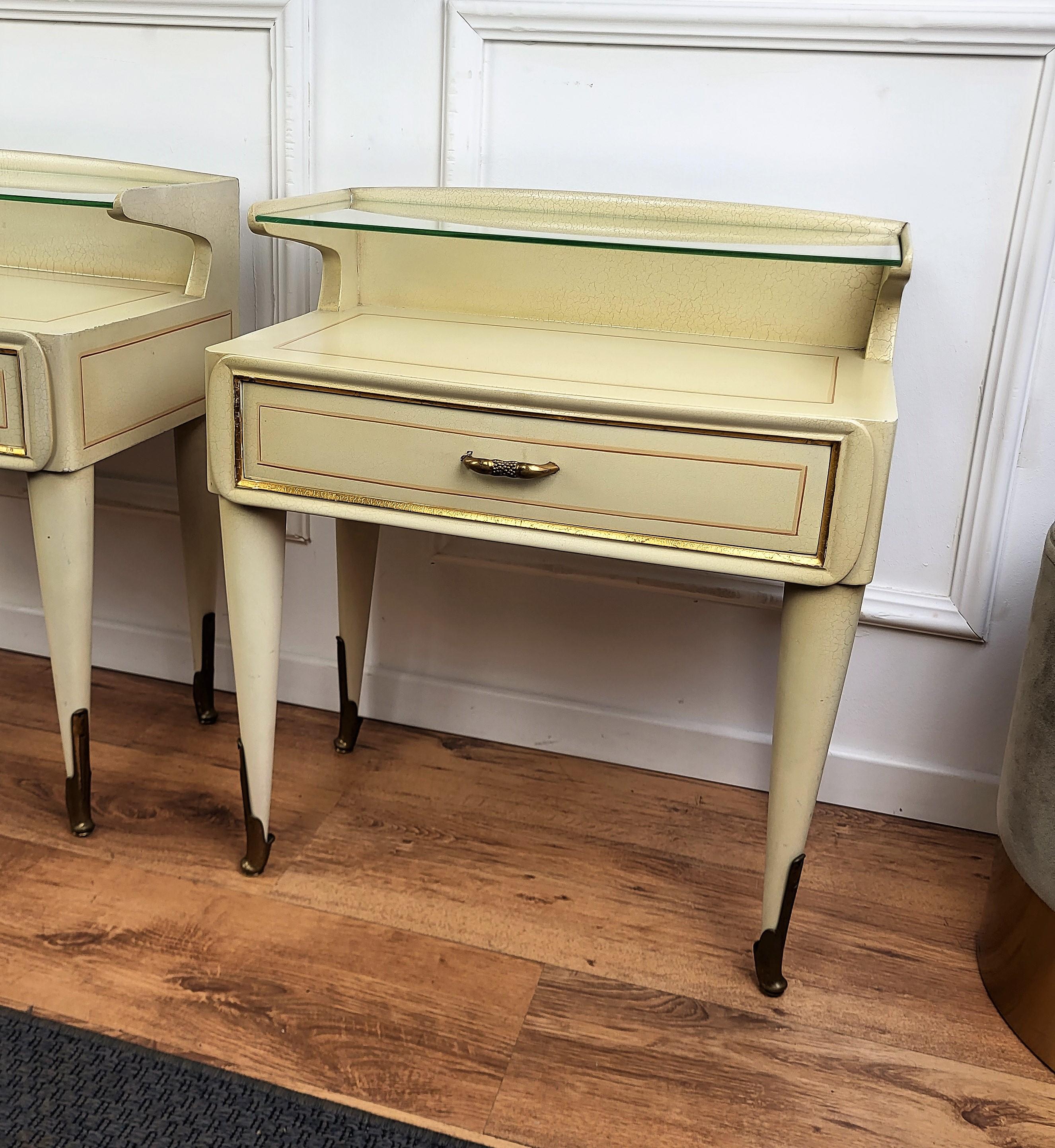 Veneer Italian Midcentury Art Deco Night Stands Bed Side Tables White Wood Brass Glass For Sale