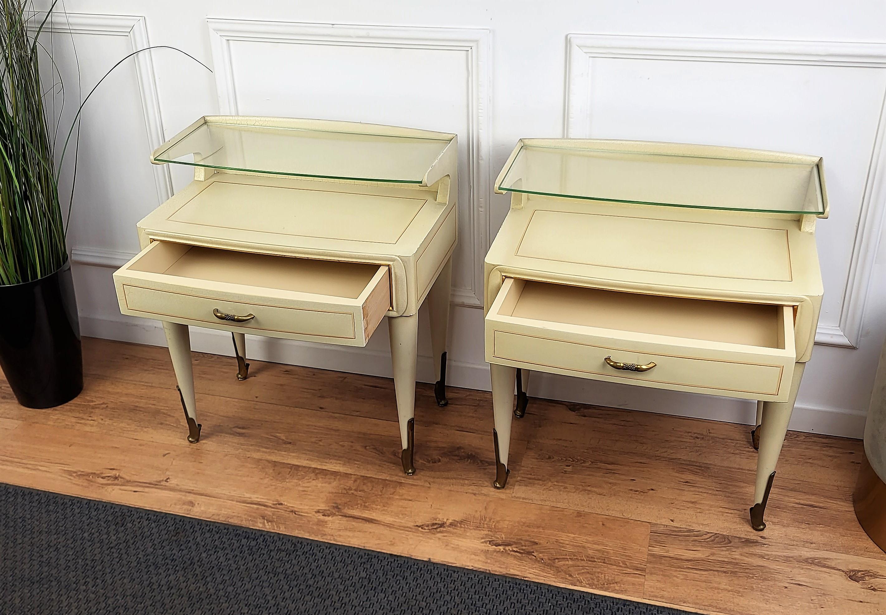 20th Century Italian Midcentury Art Deco Night Stands Bed Side Tables White Wood Brass Glass For Sale
