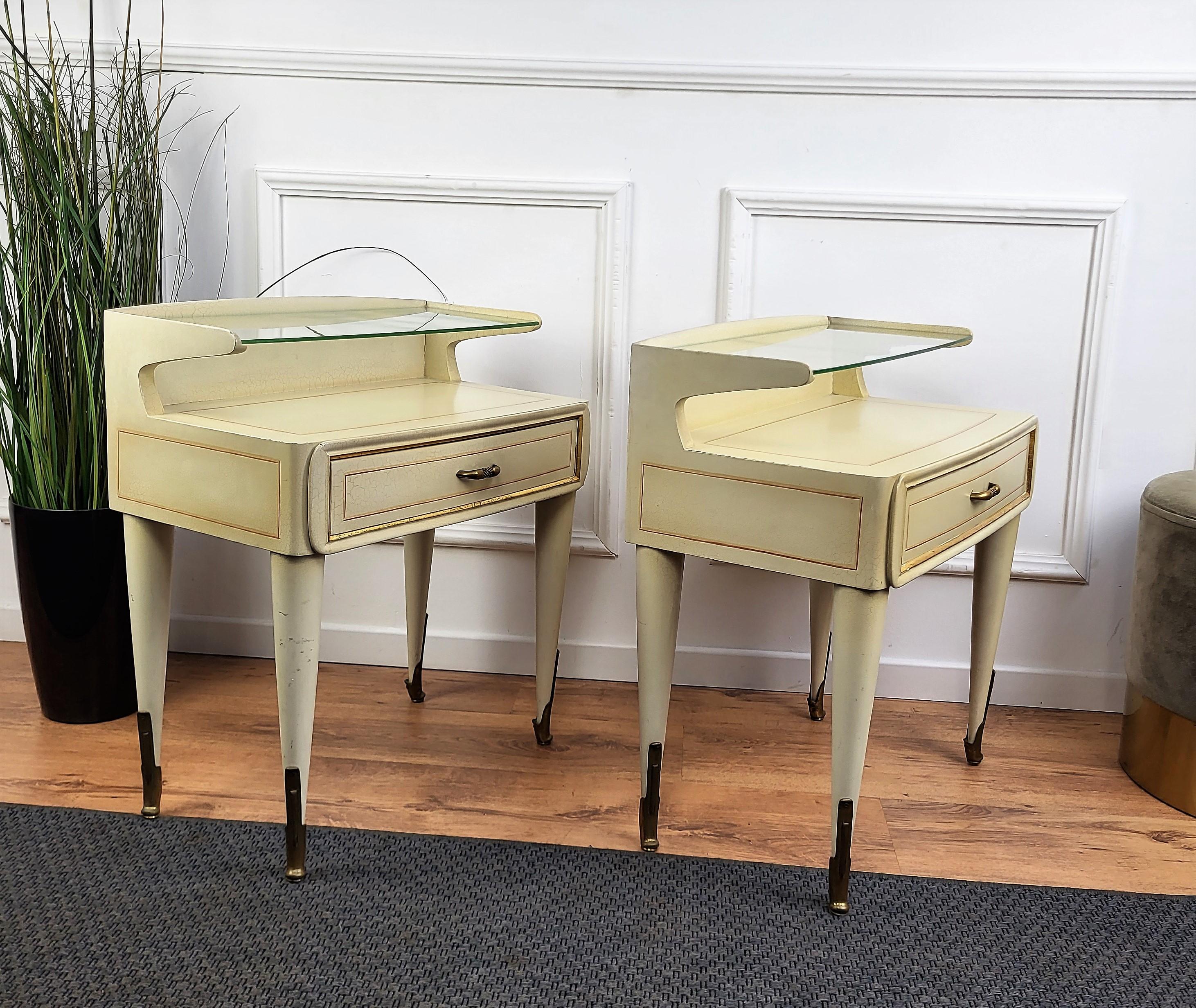 20th Century Italian Midcentury Art Deco Night Stands Bed Side Tables White Wood Brass Glass For Sale