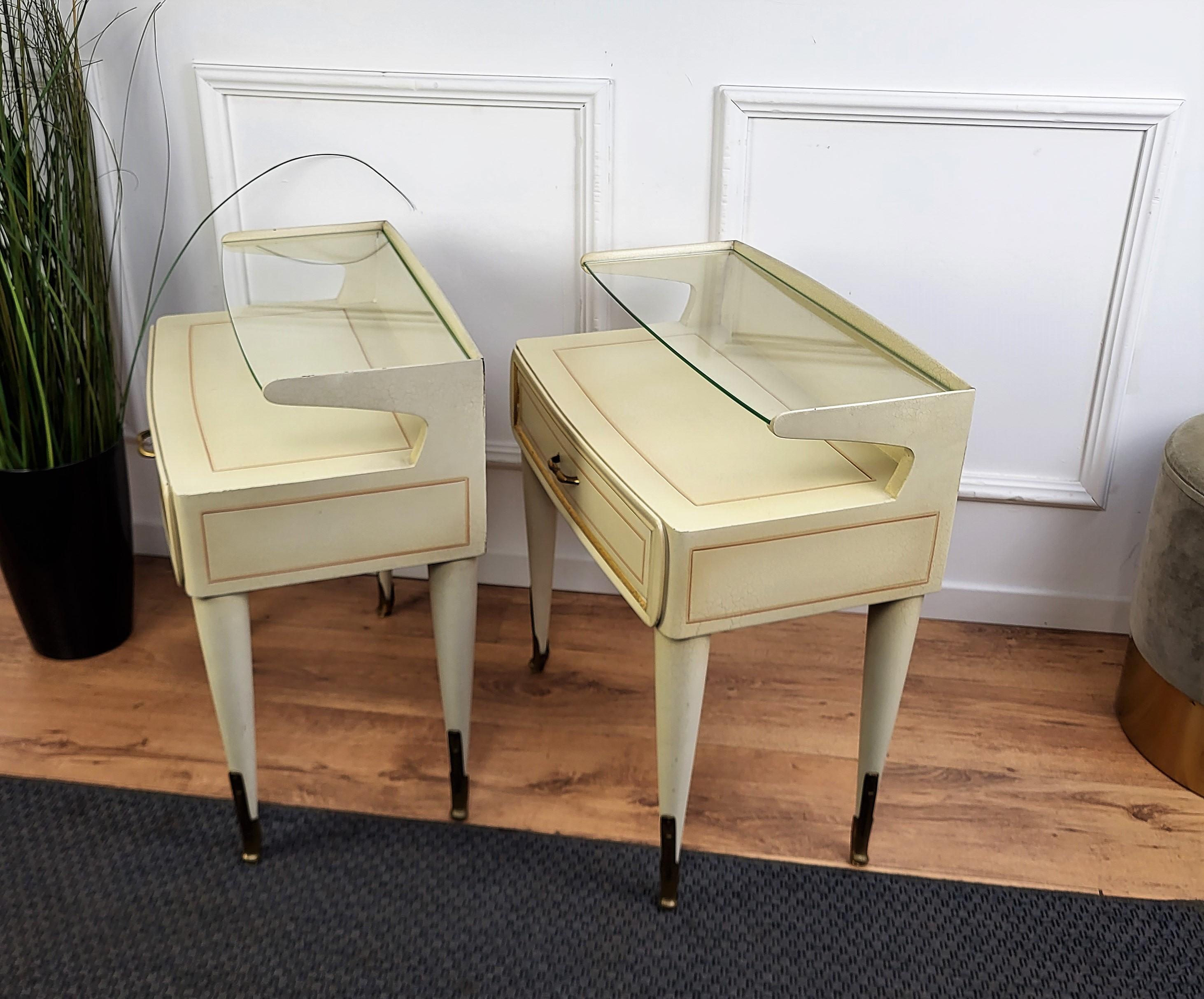 Italian Midcentury Art Deco Night Stands Bed Side Tables White Wood Brass Glass For Sale 2