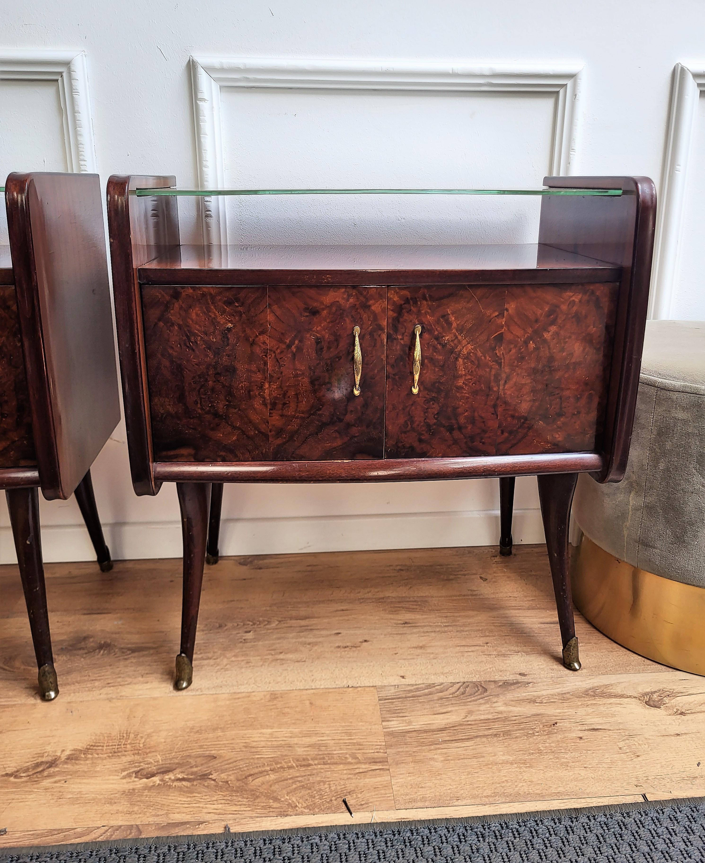 Veneer Italian Midcentury Art Deco Night Stands Bedside Tables Wood Brass & Glass For Sale