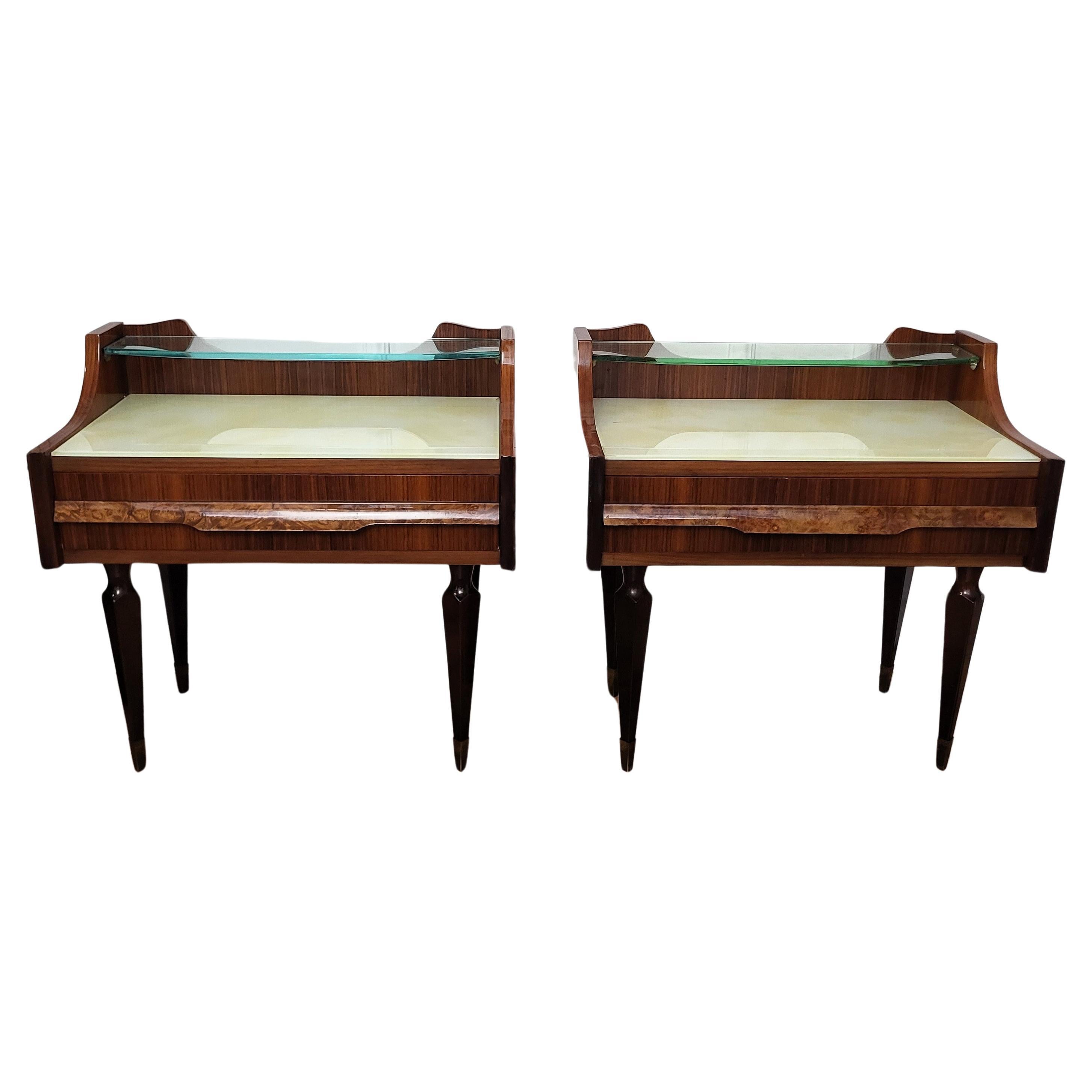 Italian Midcentury Art Deco Night Stands Bedside Tables Wood Brass & Glass For Sale