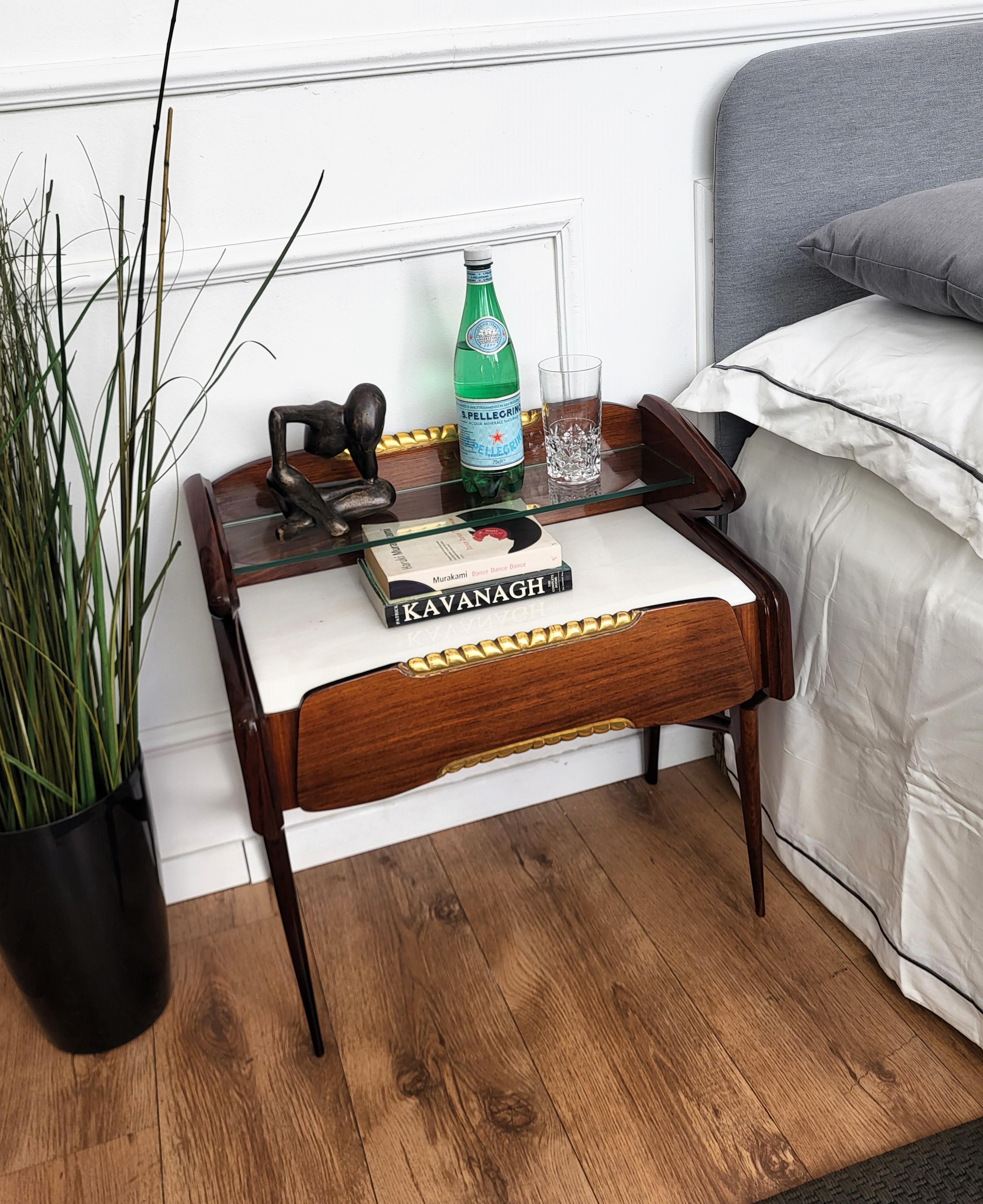 Mid-Century Modern Italian Midcentury Art Deco Night Stands Bedside Tables Wood Brass Marble Glass