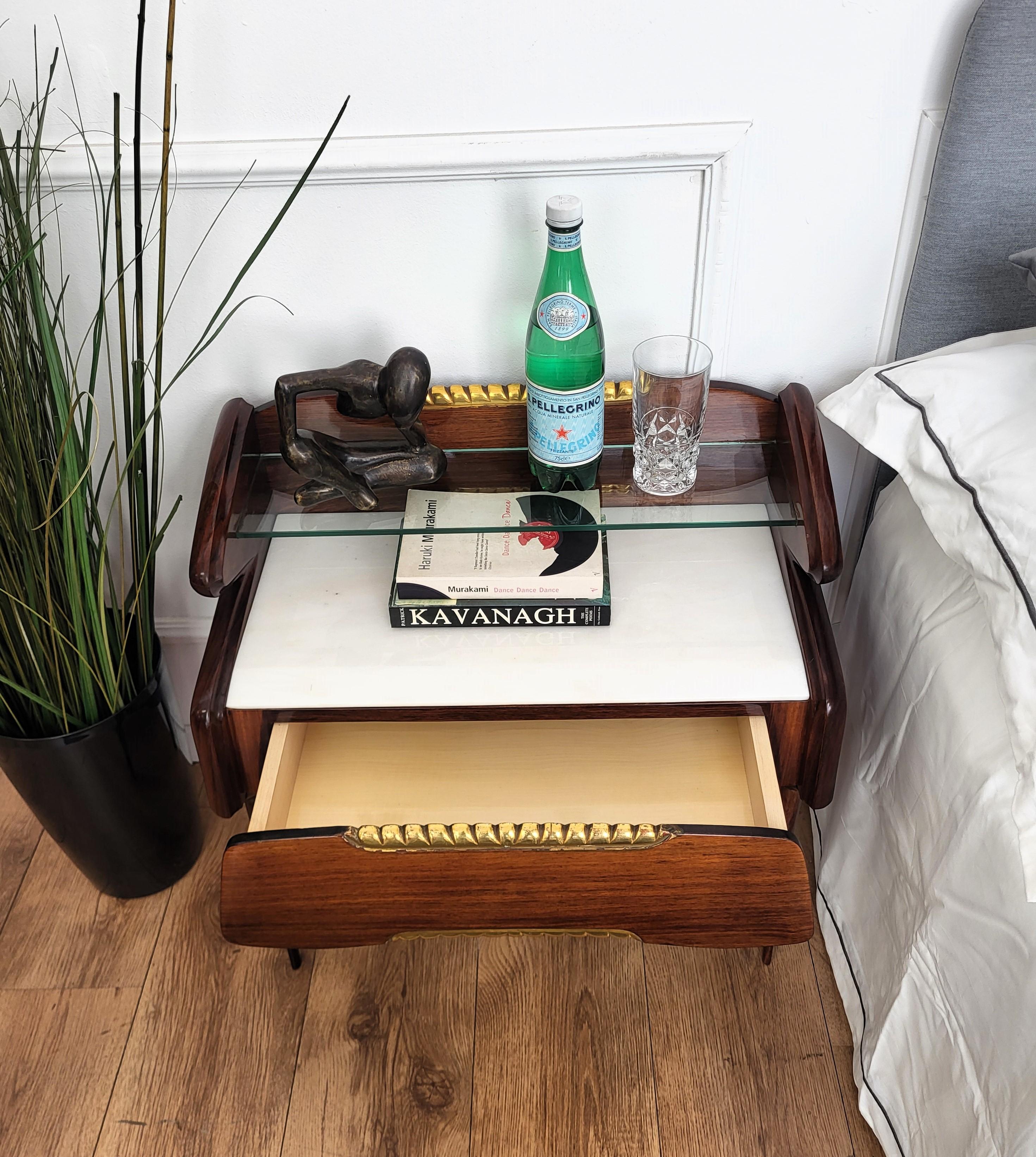 Veneer Italian Midcentury Art Deco Night Stands Bedside Tables Wood Brass Marble Glass