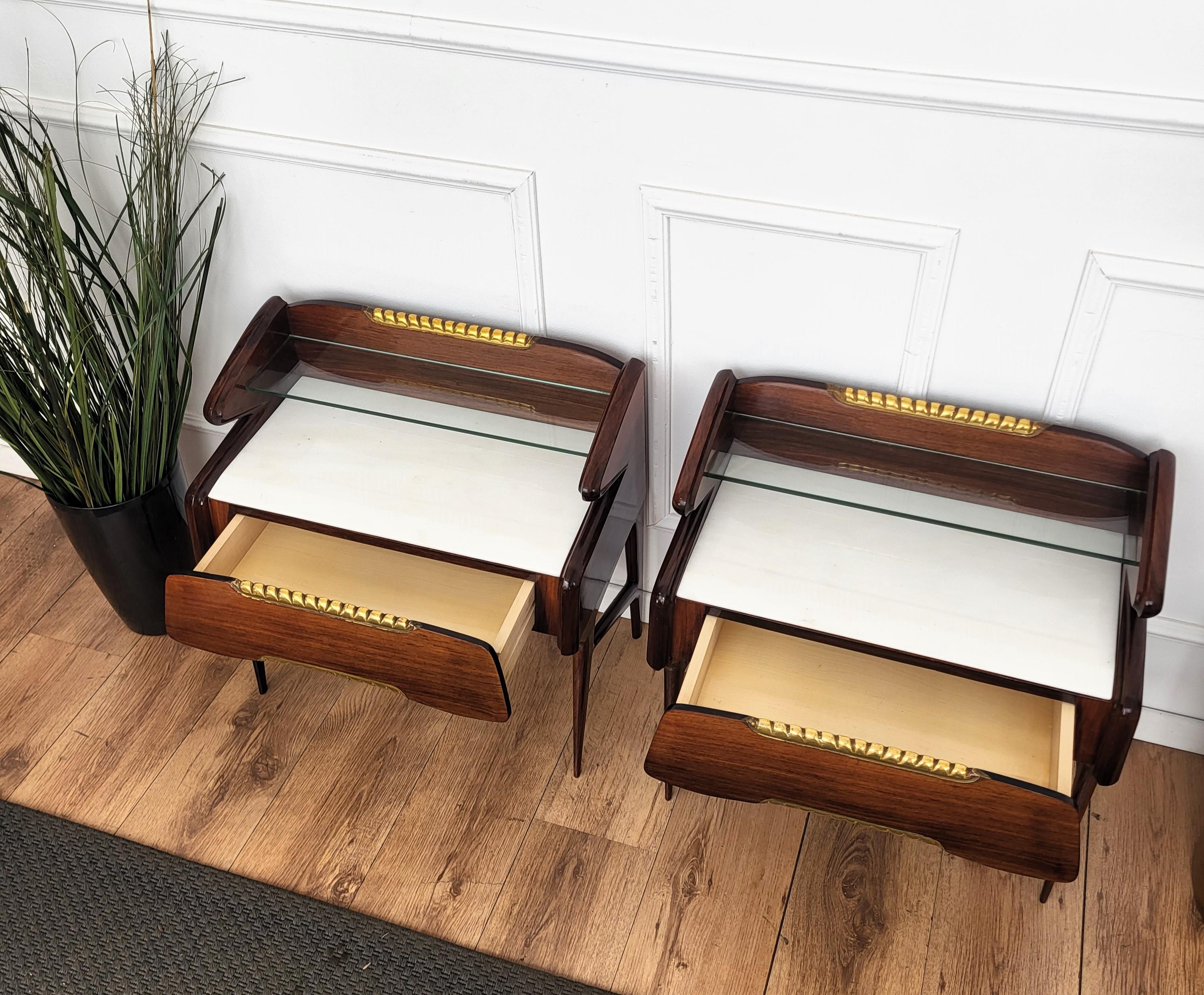 20th Century Italian Midcentury Art Deco Night Stands Bedside Tables Wood Brass Marble Glass