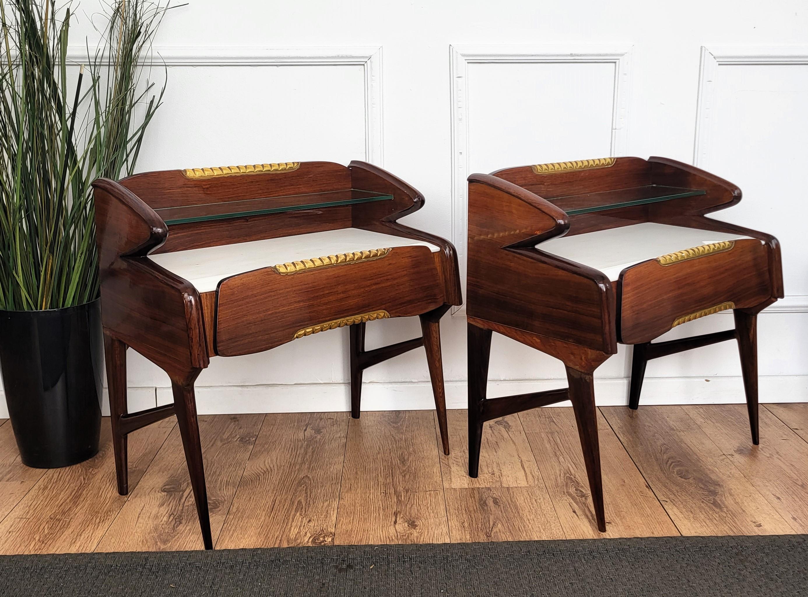 Italian Midcentury Art Deco Night Stands Bedside Tables Wood Brass Marble Glass 1