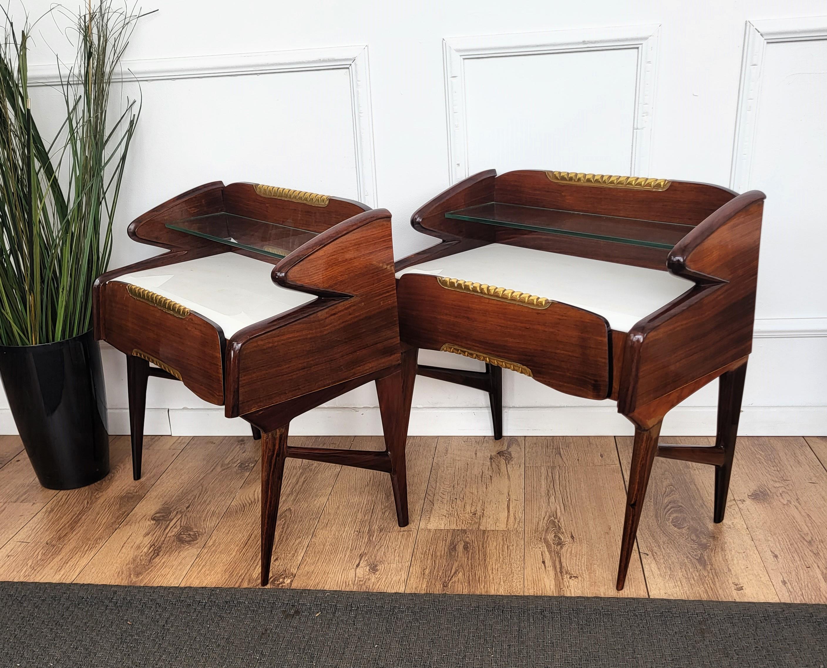 Italian Midcentury Art Deco Night Stands Bedside Tables Wood Brass Marble Glass 2
